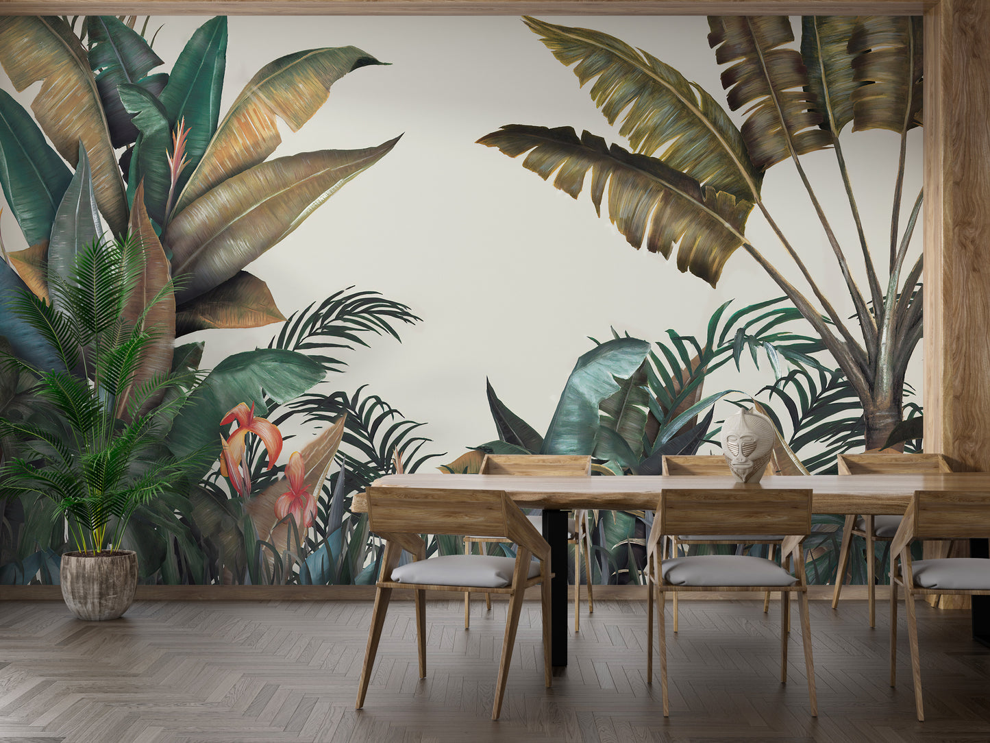 Exotic blooms in a tropical wall mural.
