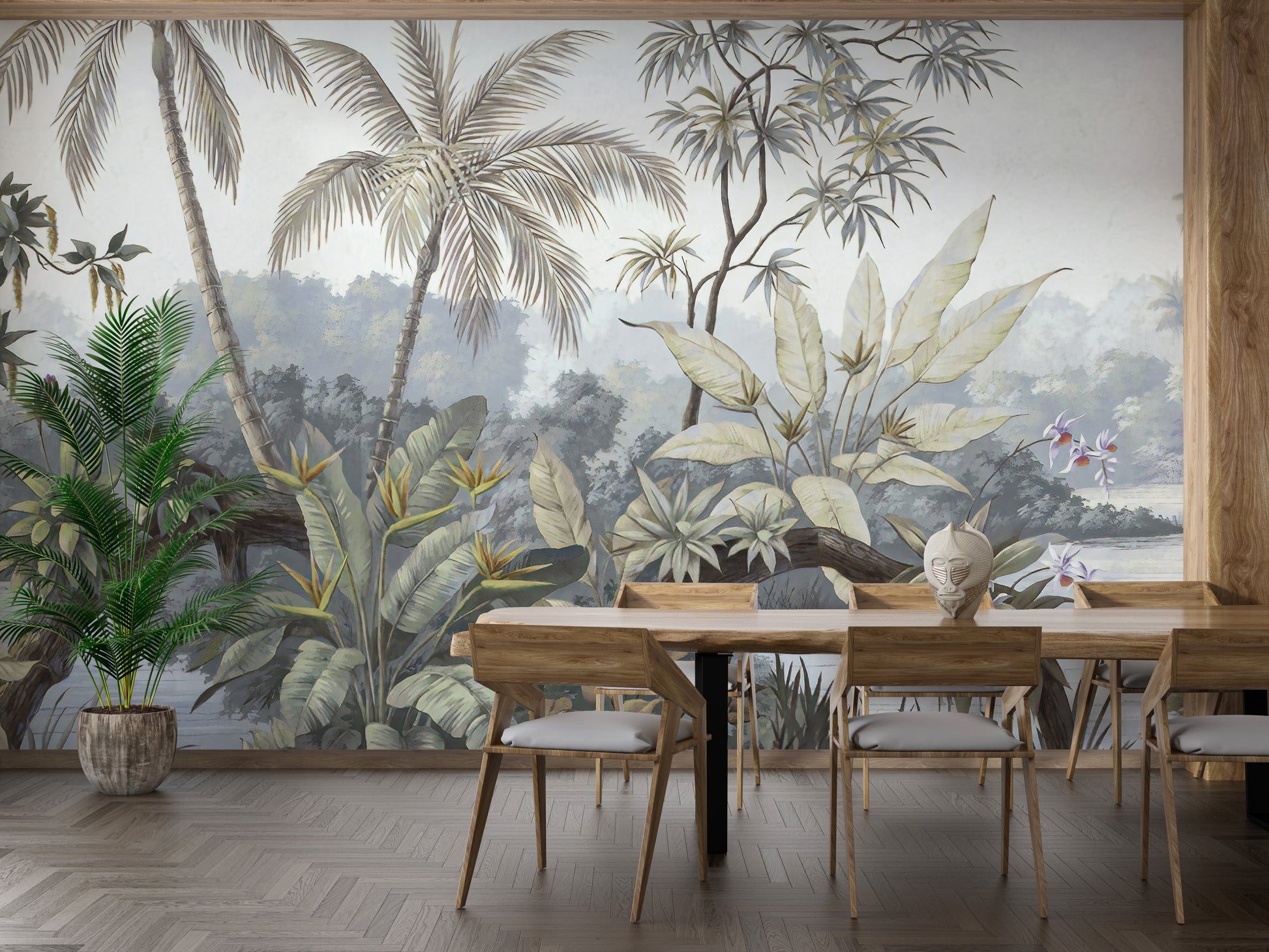 Tropical plants and foliage on wall mural.
