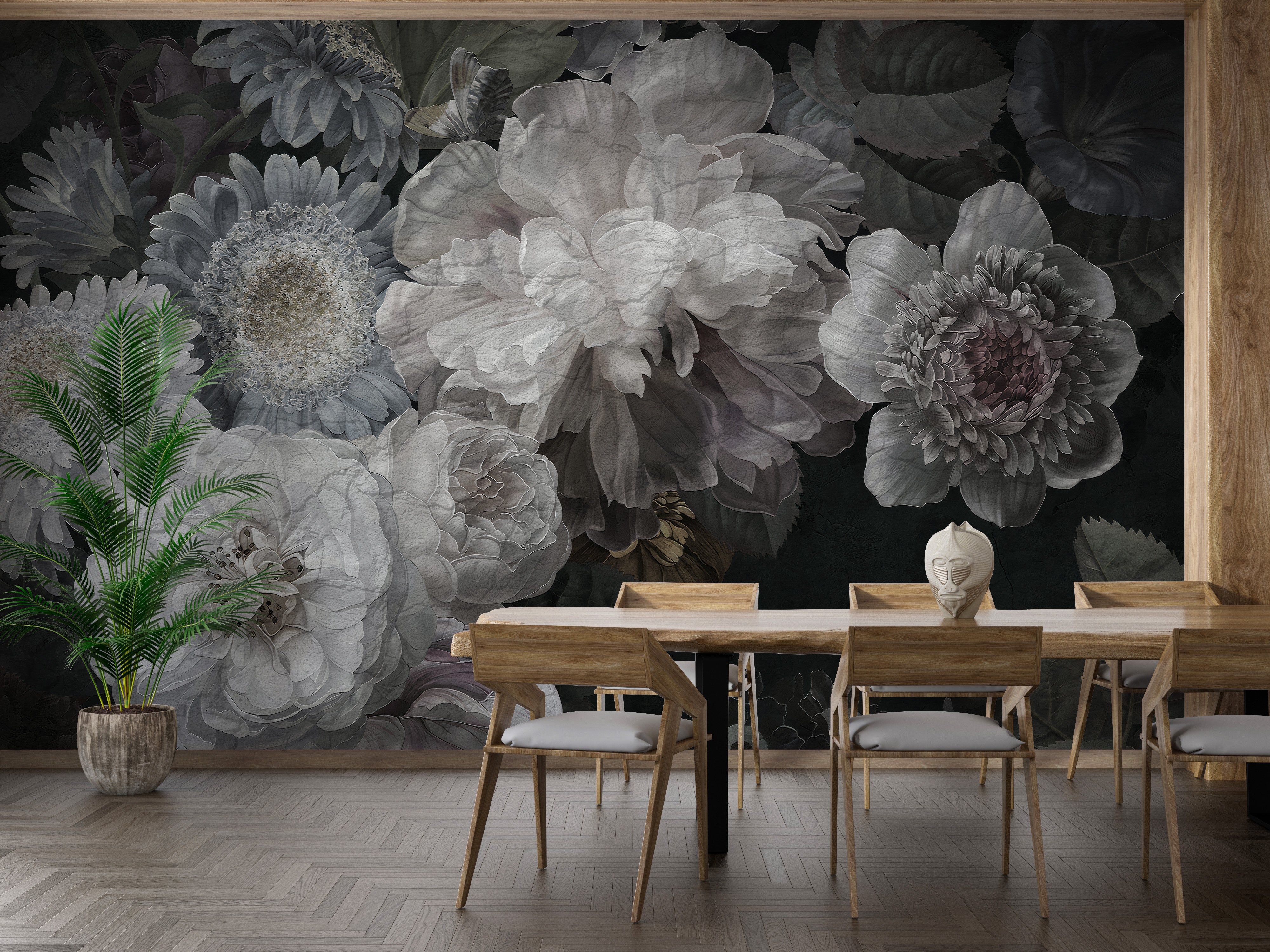 Artistic white blooms with soft foliage mural
