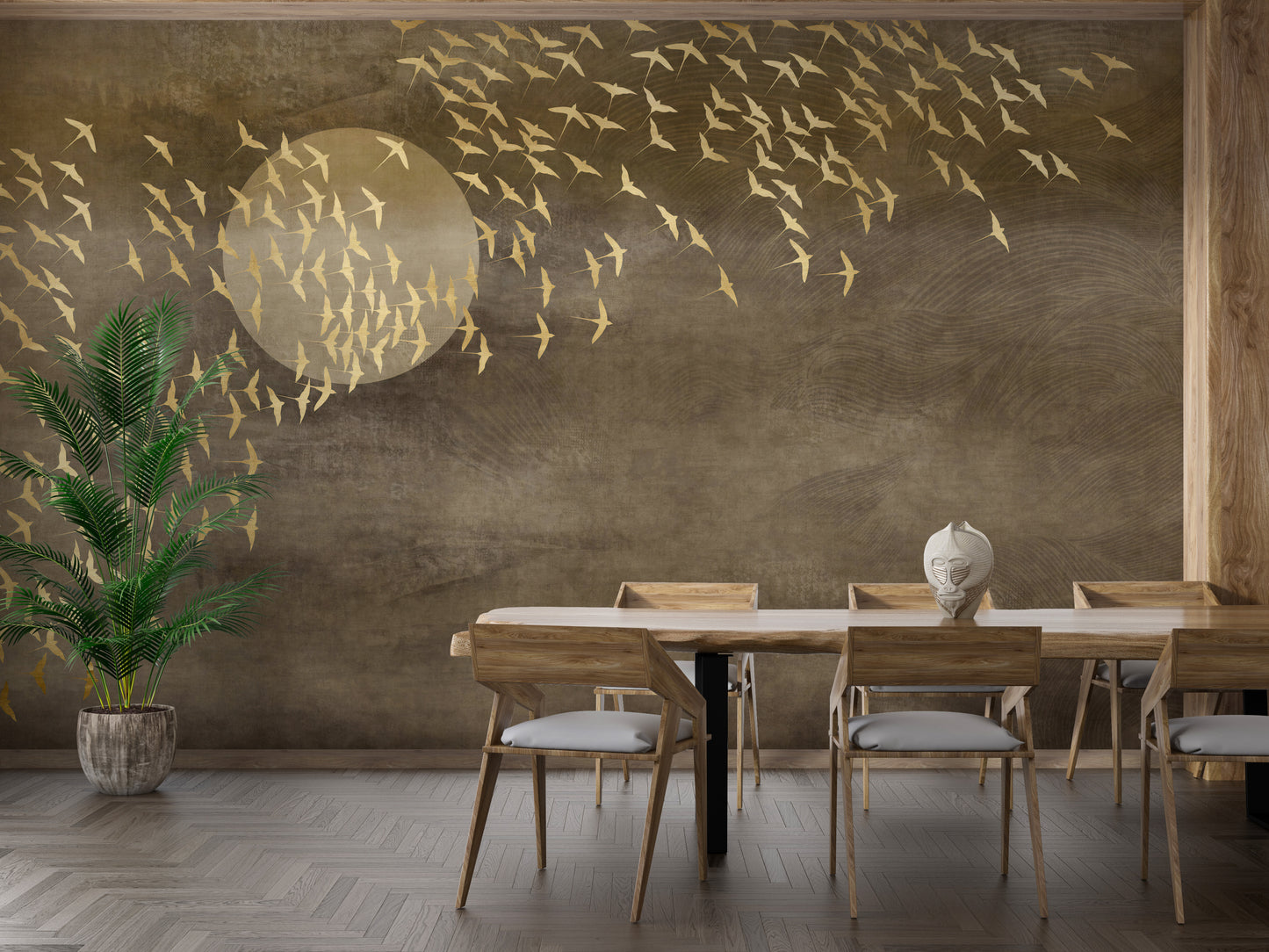 Brown and gold bird mural for serene spaces
