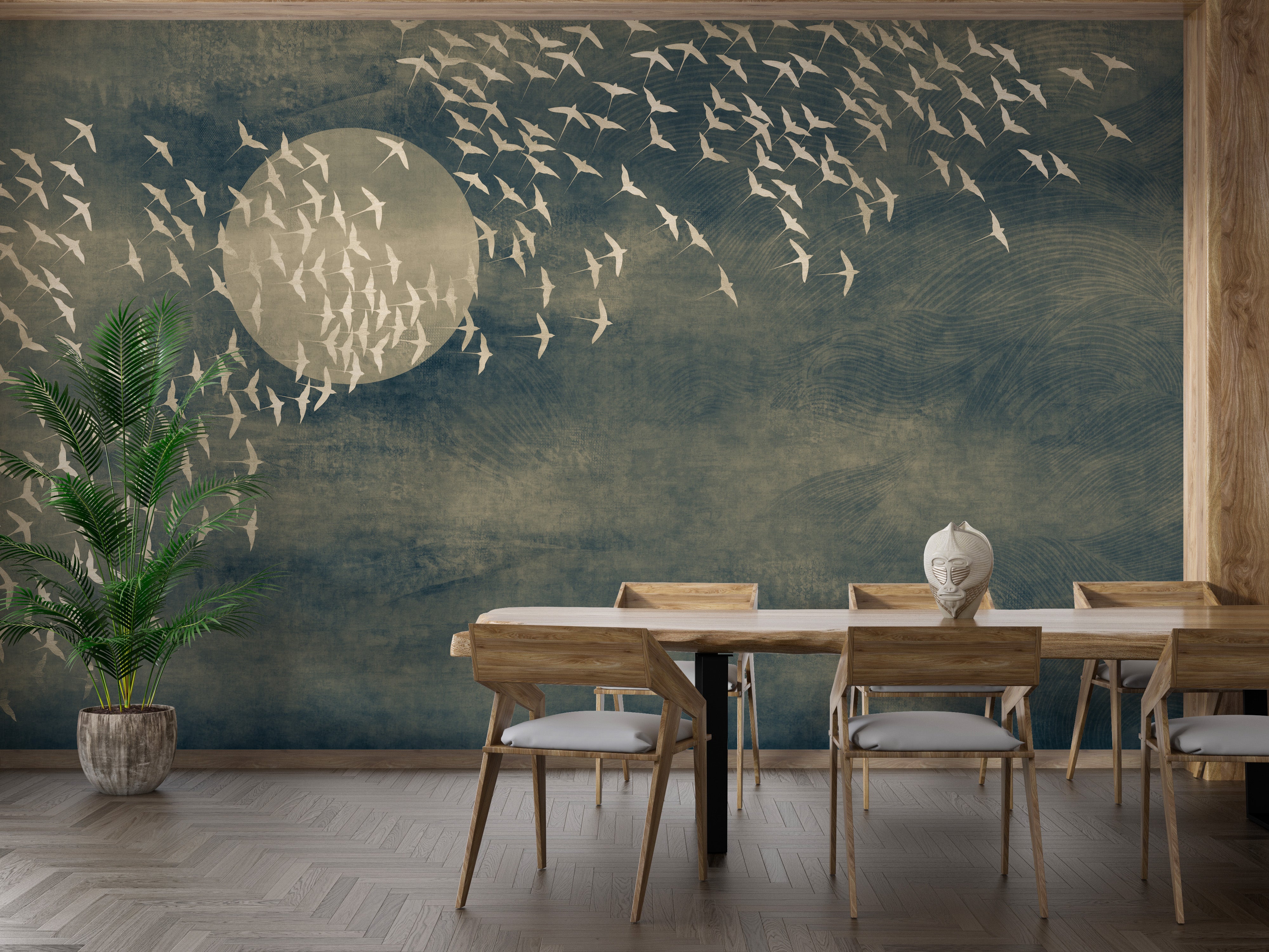 Stunning golden birds design on black wall.
