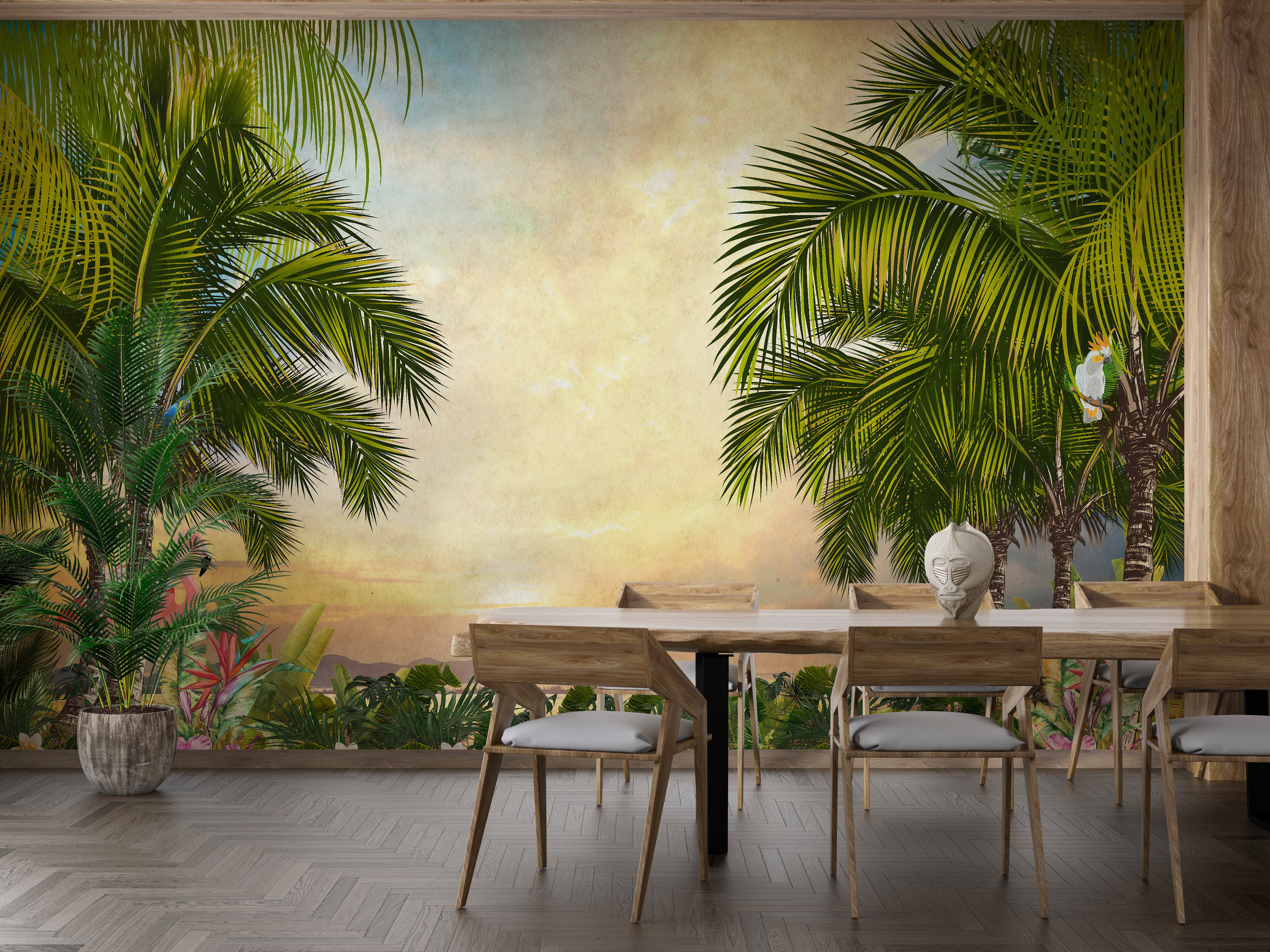 Peaceful sunset forest tree wall mural.
