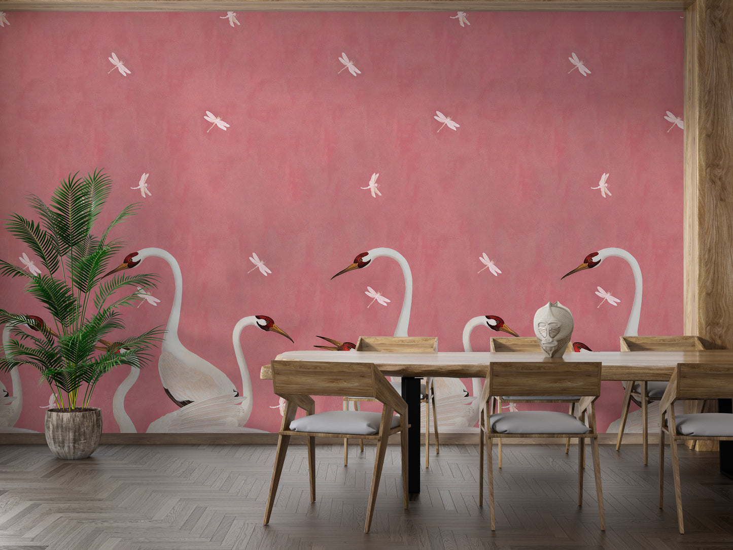 Pink wallpaper featuring elegant flying cranes.
