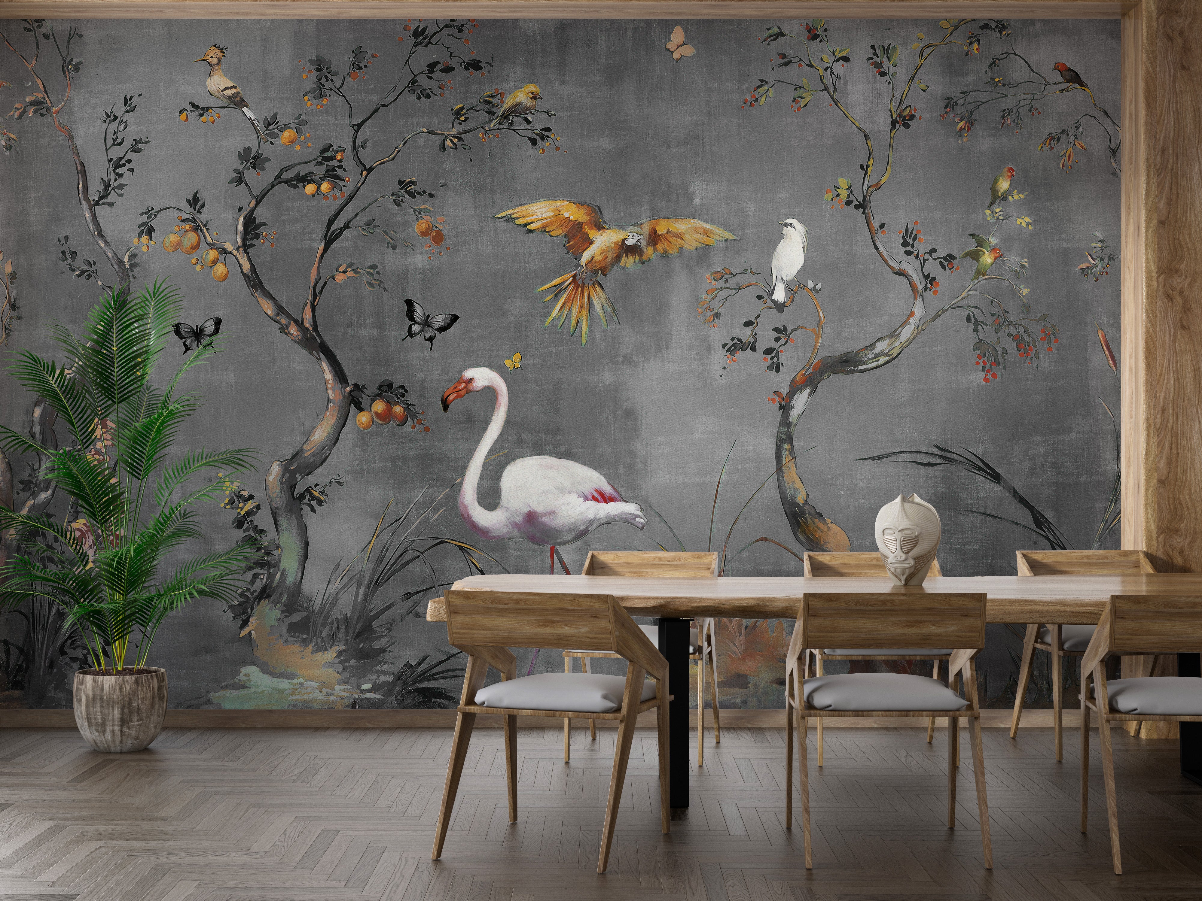 Exotic birds and trees watercolor wall mural.
