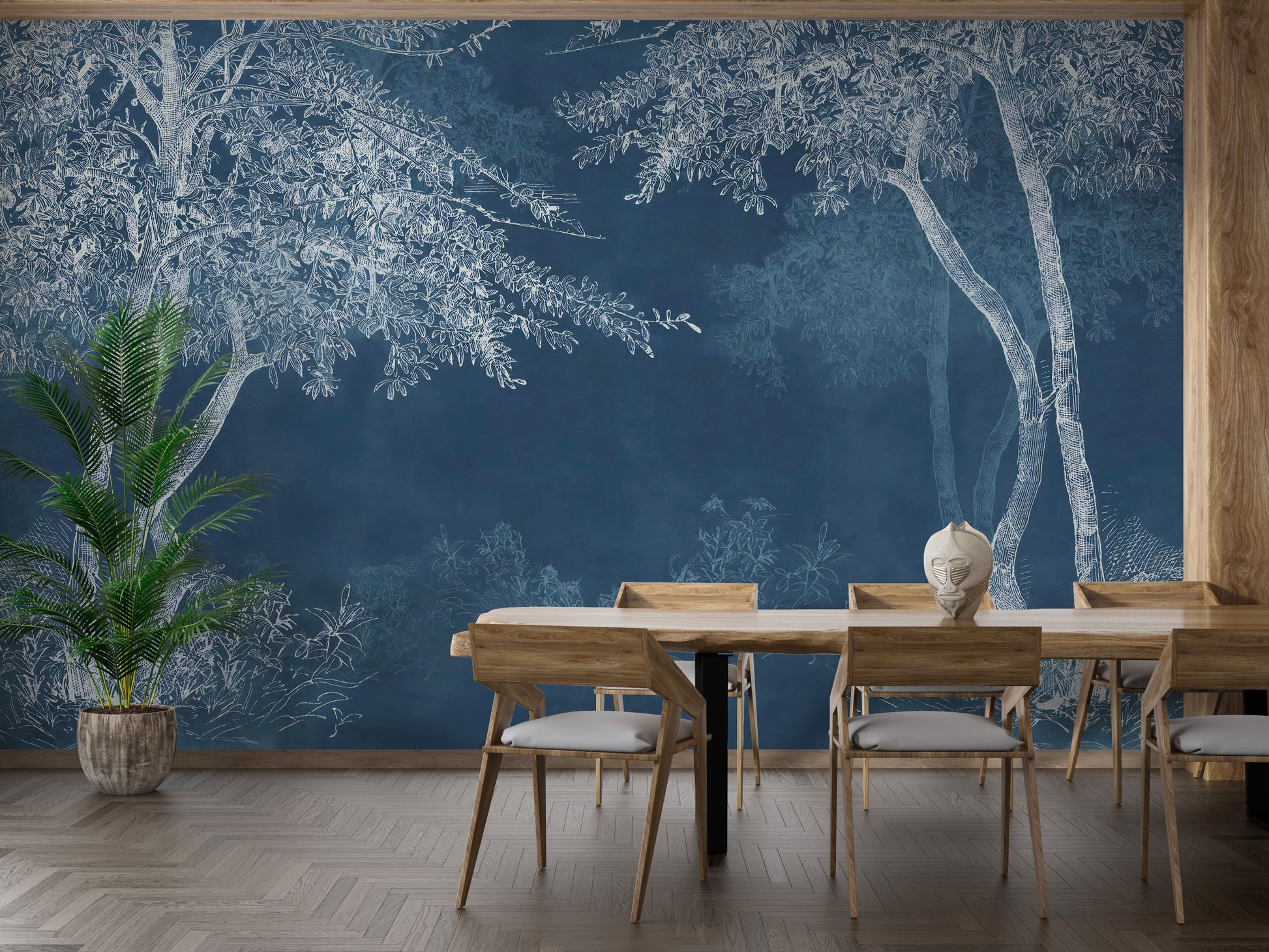 Dreamy indigo wilderness mural for interiors.
