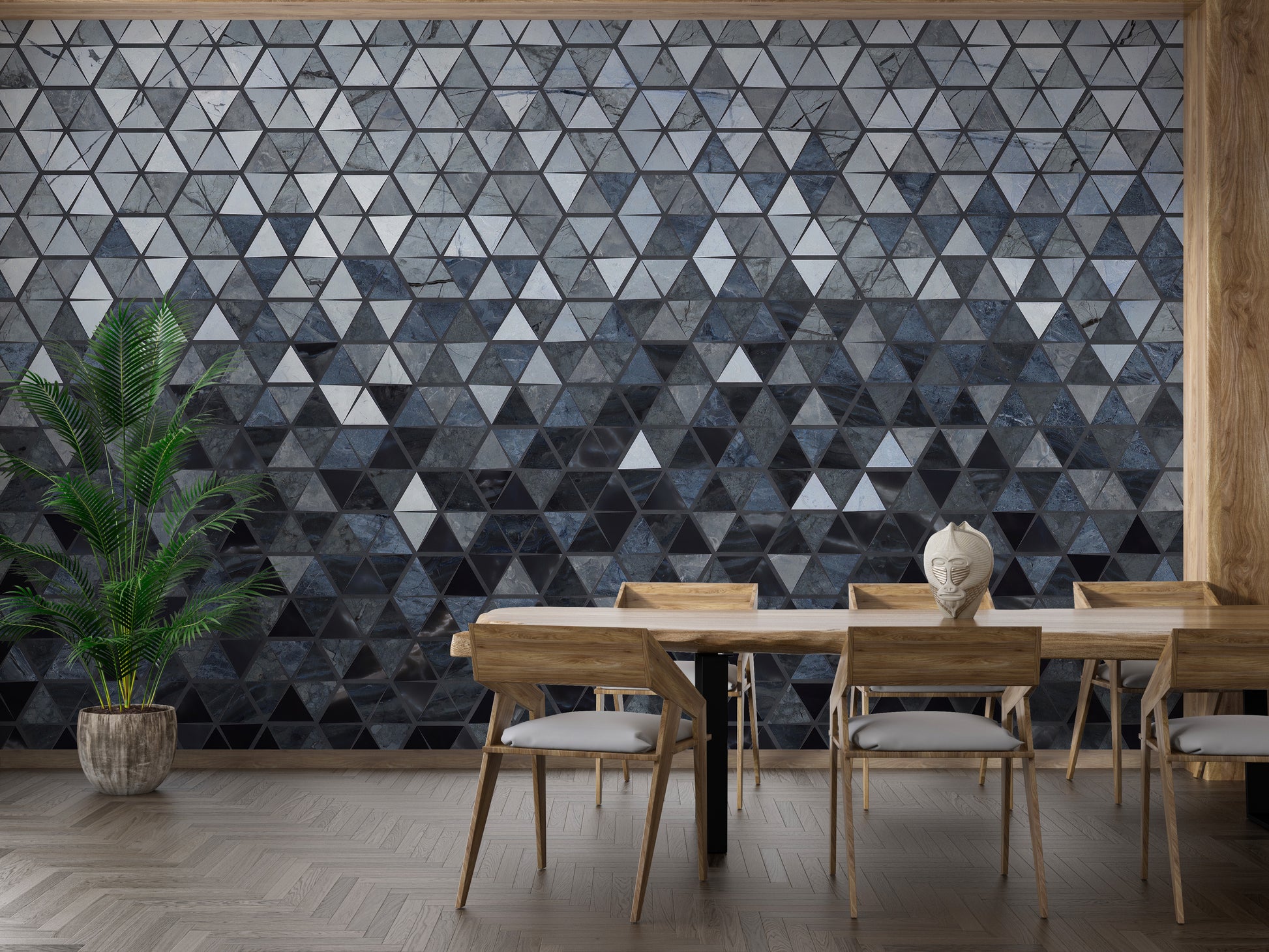 Interlocking triangles blue wall design.
