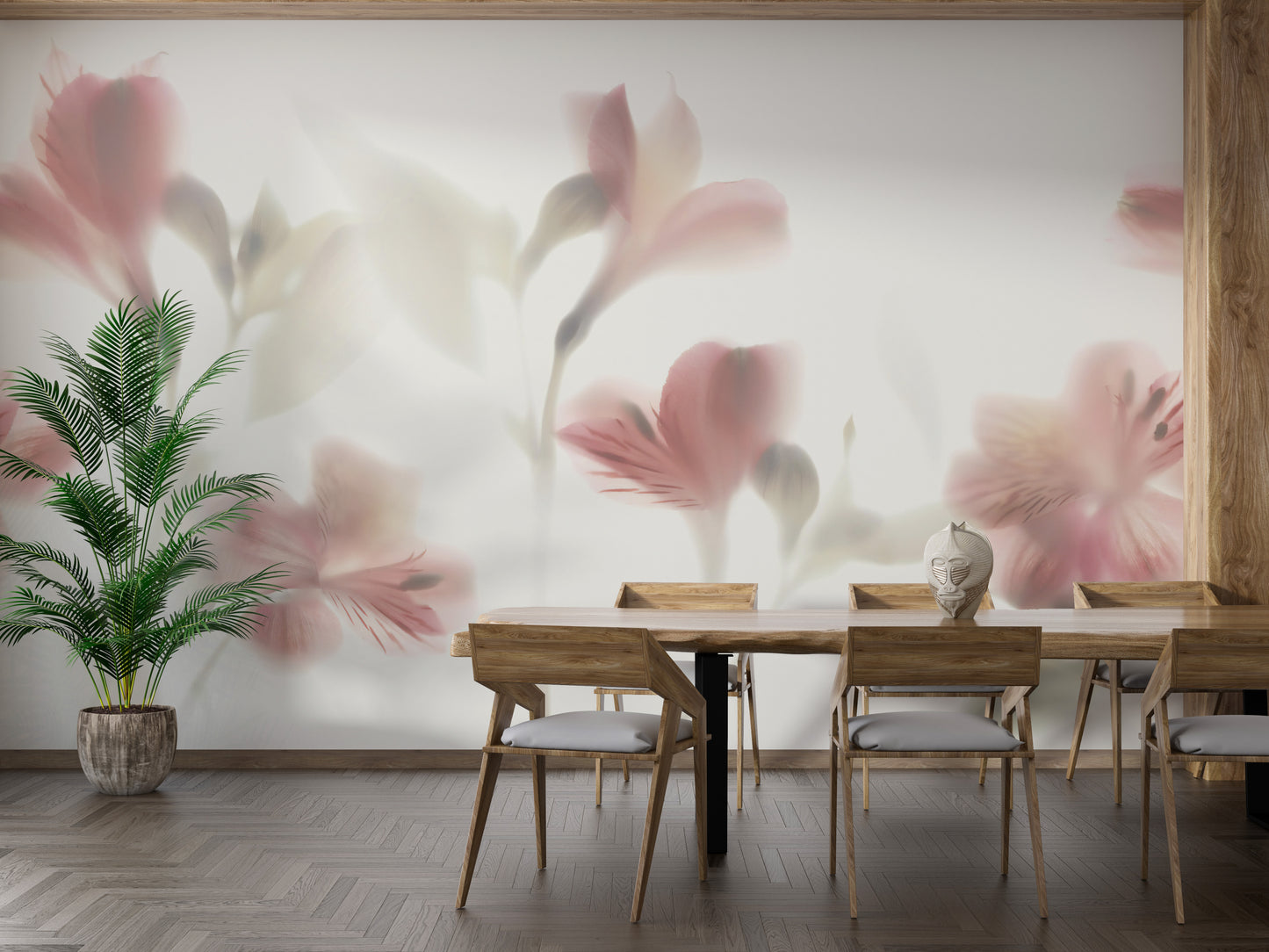 Pastel flower mural with pink elegance.

