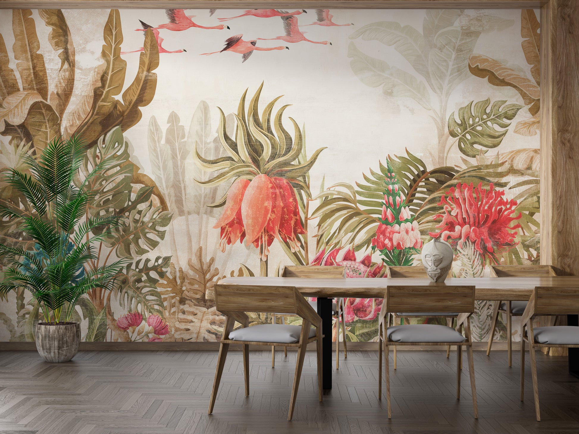 Peel-and-stick mural with flamingos and flowers.
