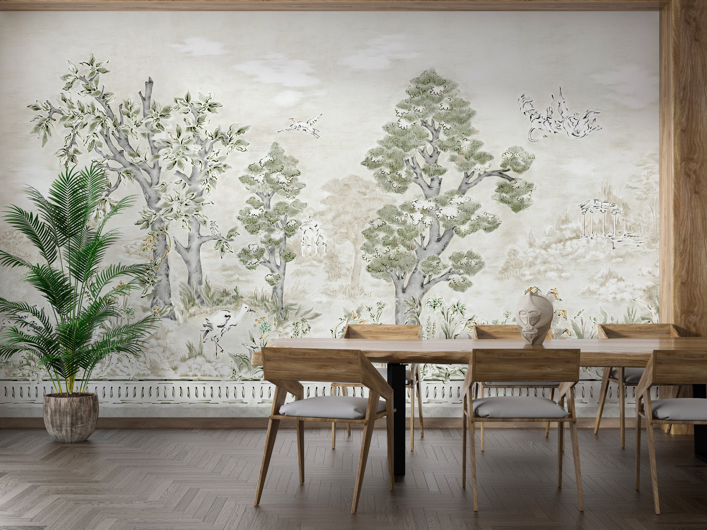 Tree canopy wall mural with pastel elegance.
