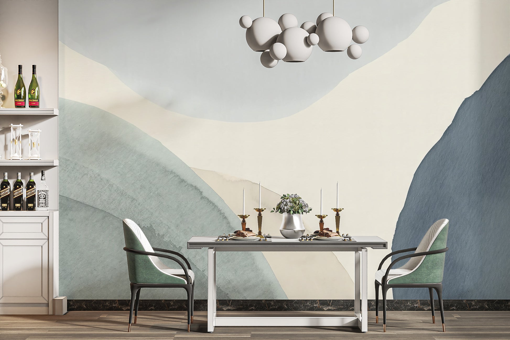 Serene wall mural featuring soothing blue shapes
