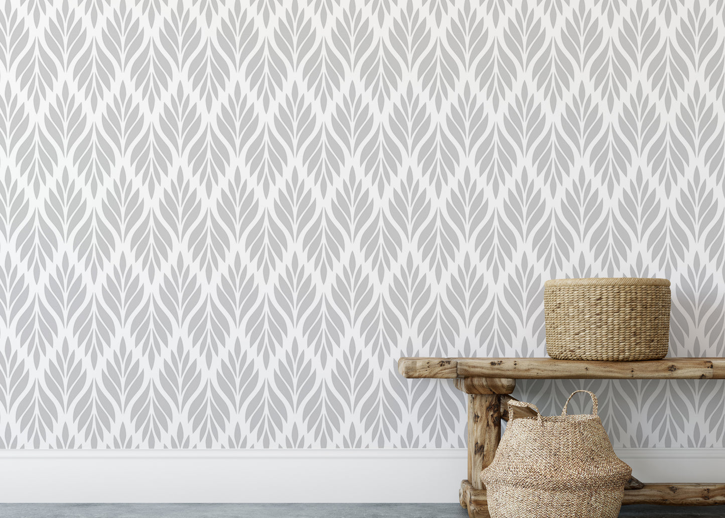 Grey Color Leaves Damask Design Wallpaper For Walls