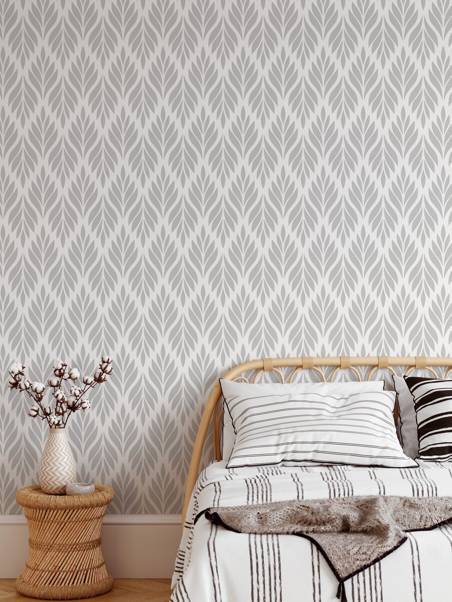 Grey Color Leaves Damask Design Wallpaper For Walls