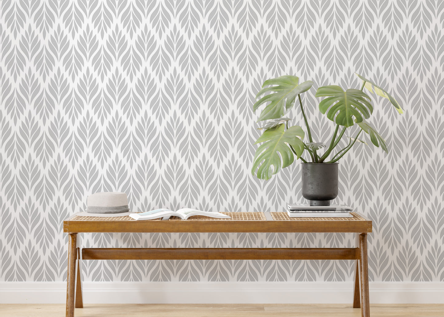 Grey Color Leaves Damask Design Wallpaper For Walls