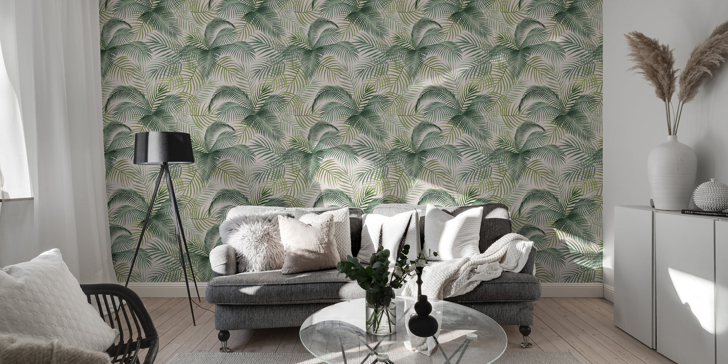 Green Color Palm Leaves Repeat Pattern Wallpaper