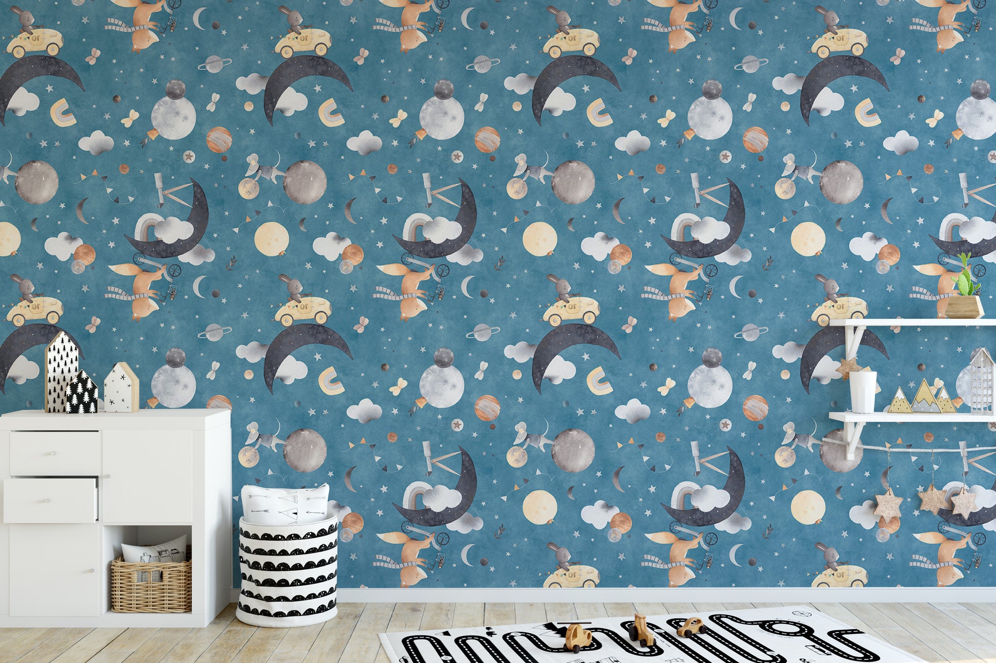 Whimsical blue wallpaper with fox and mouse in clouds