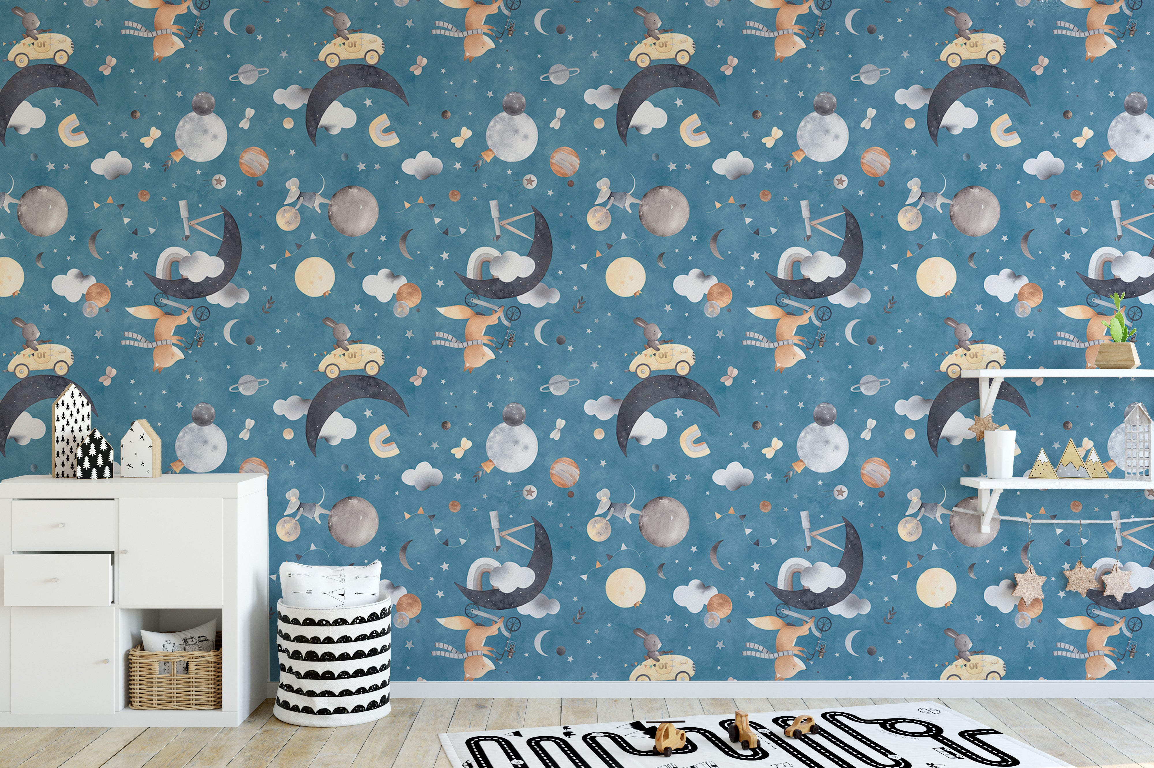 Whimsical blue wallpaper with fox and mouse in clouds