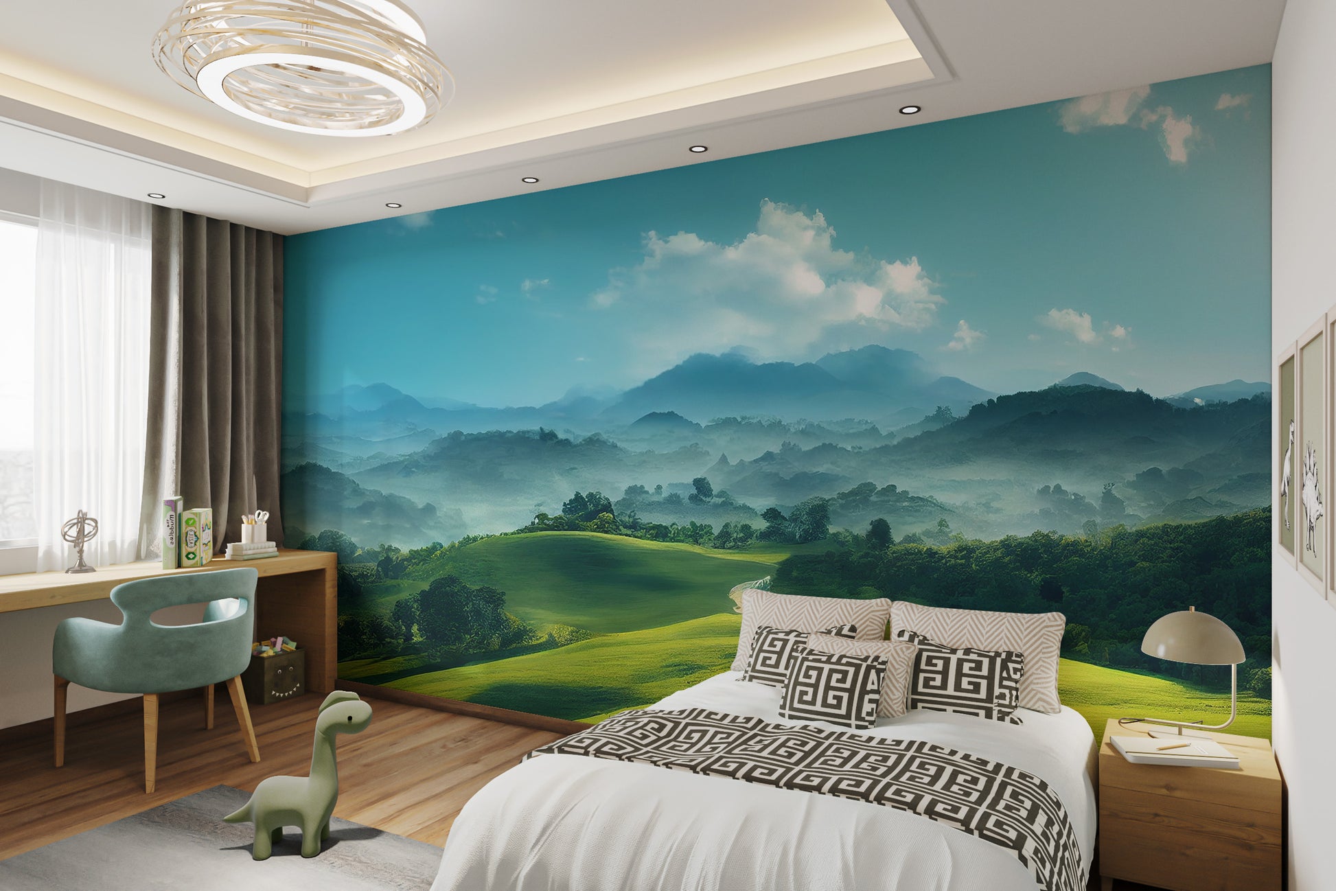 Rolling hills panoramic wall mural with nature views
