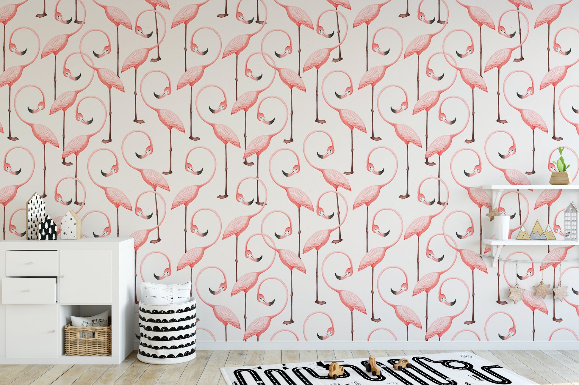 Flamingo-themed self-adhesive wallpaper in soft pink tones