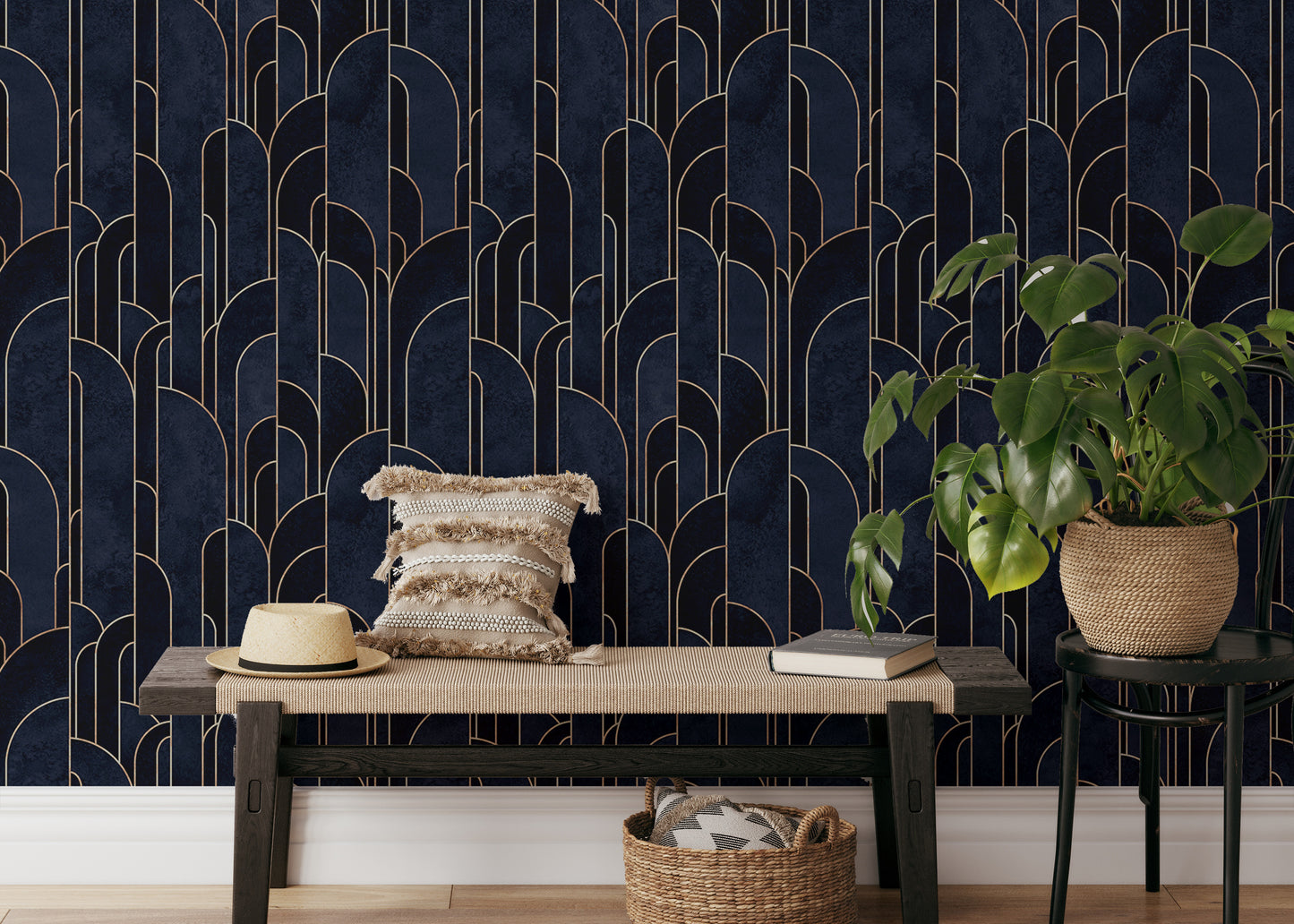 Bold dark blue Deco pattern adhesive wall covering.