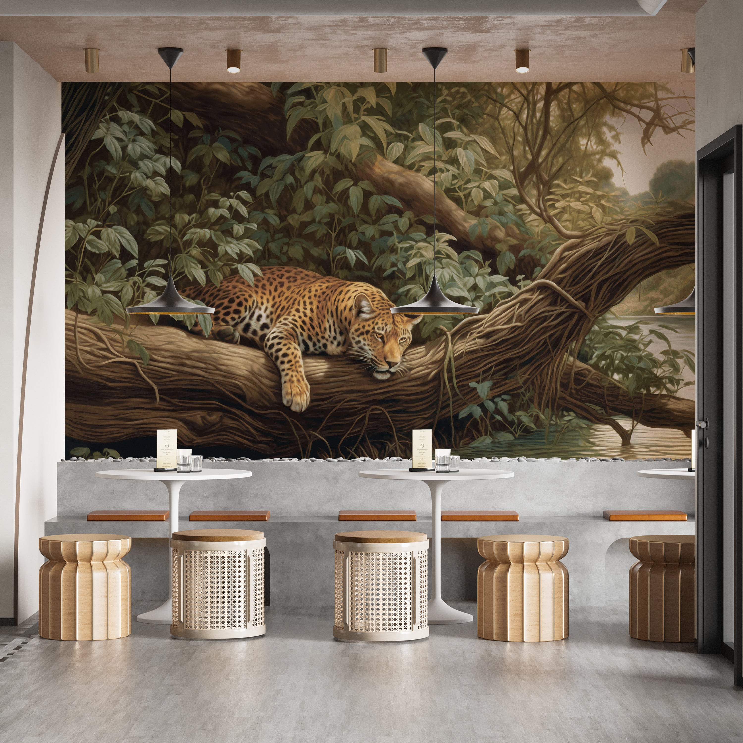 Bold leopard jungle landscape mural for dynamic decor
