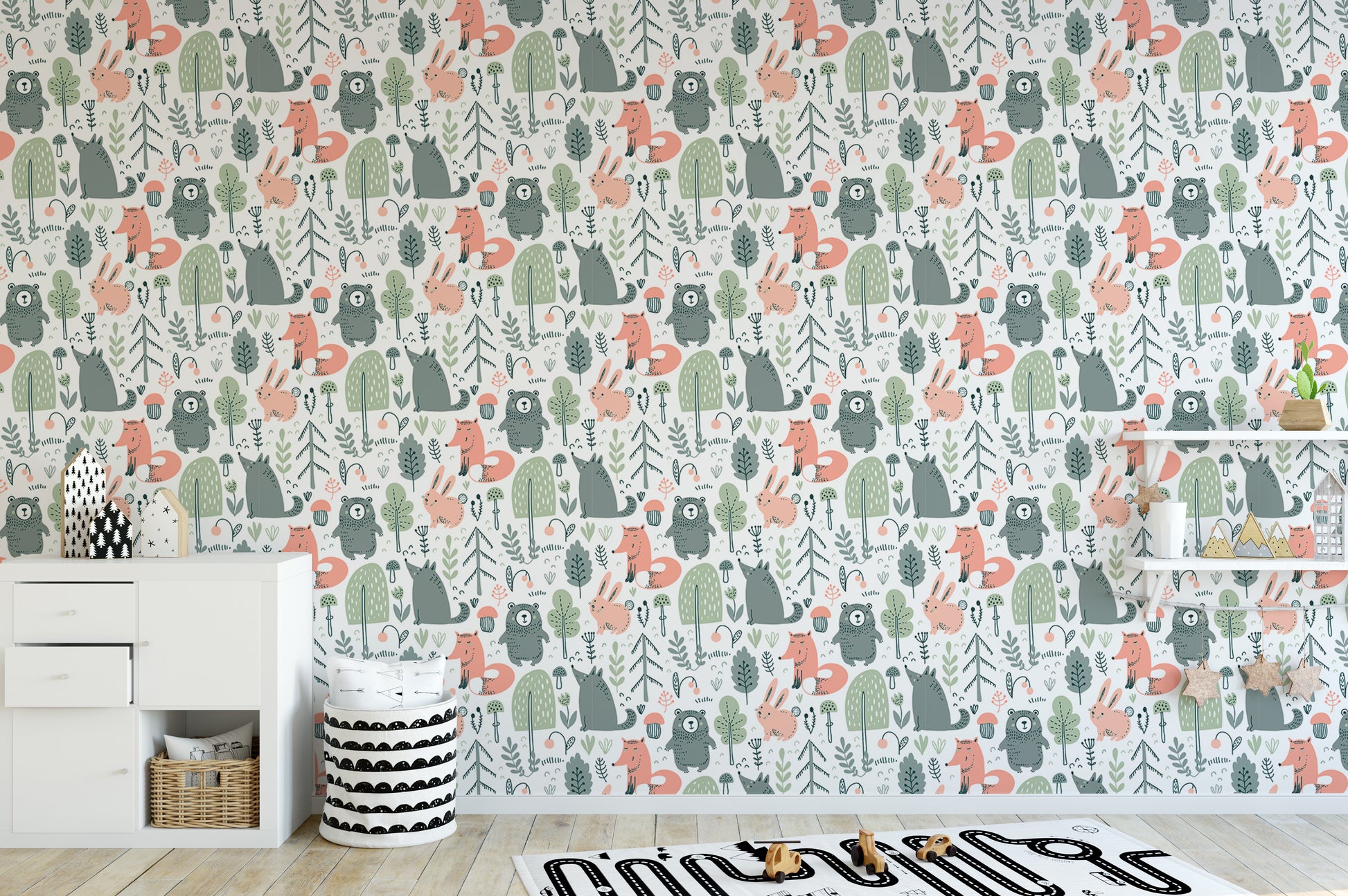 Bright and cheerful wallpaper with forest animal motifs