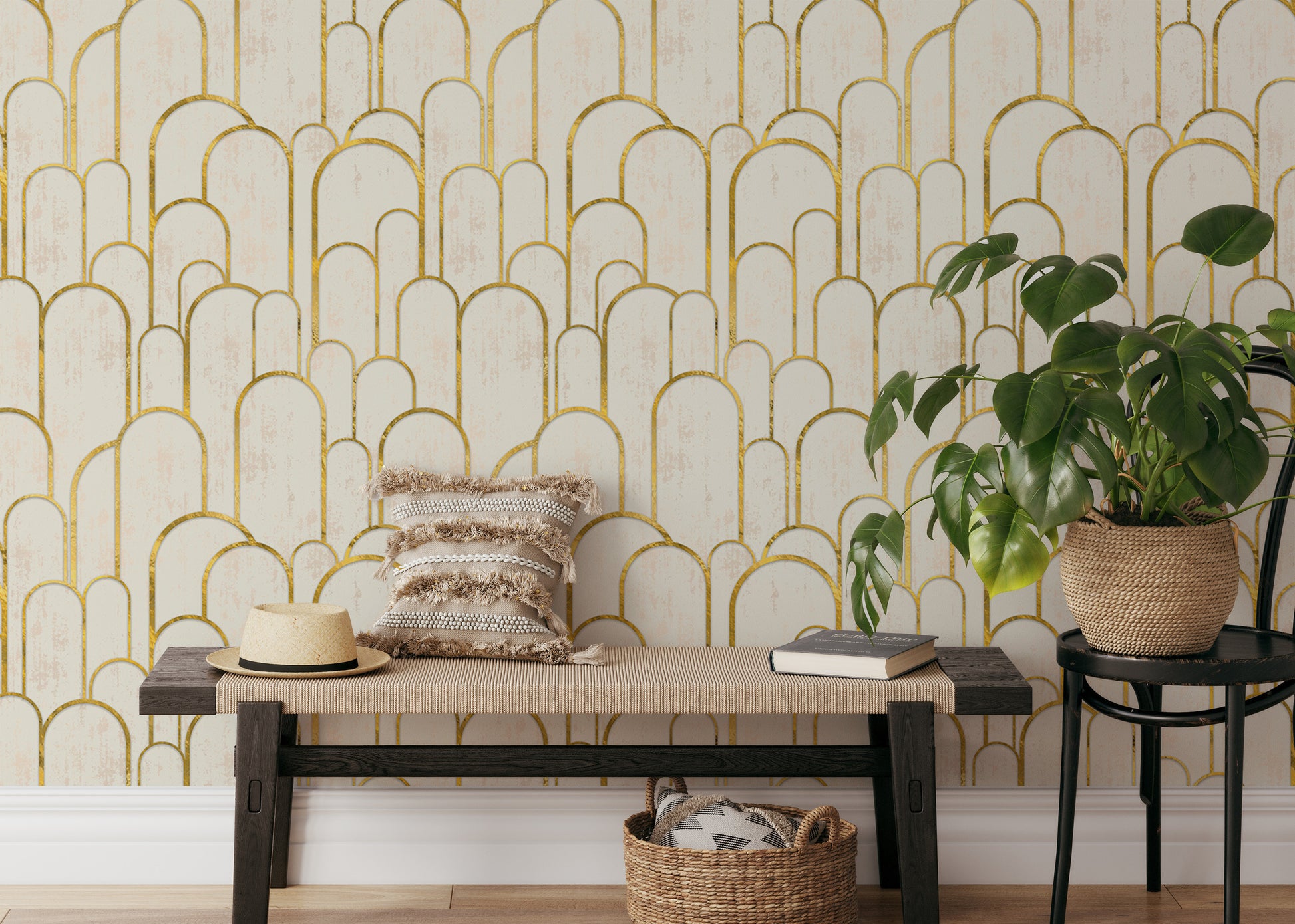 Modern golden Deco archway wallpaper for walls.