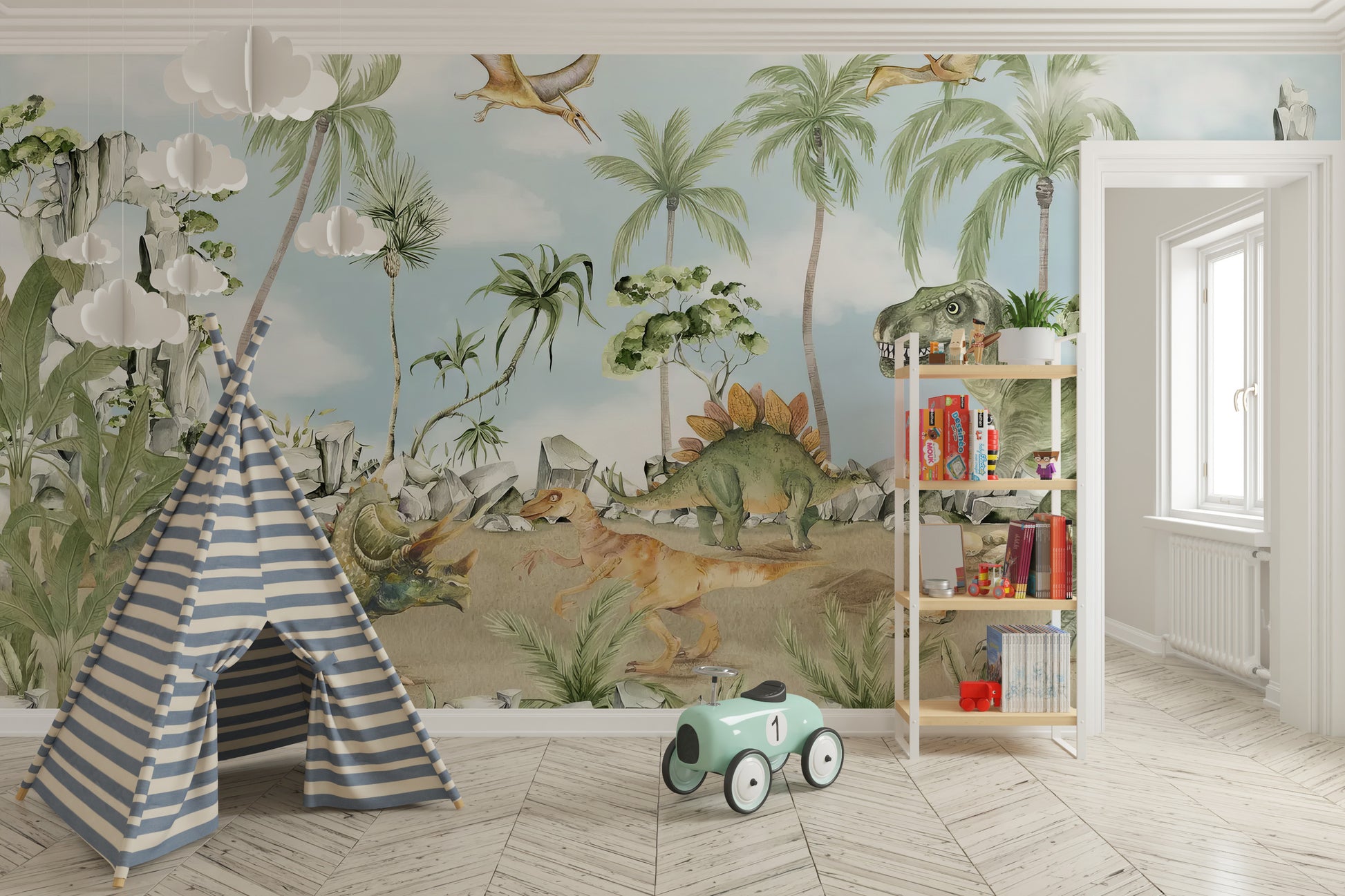 Dinosaur wall mural with lively and cheerful illustrations
