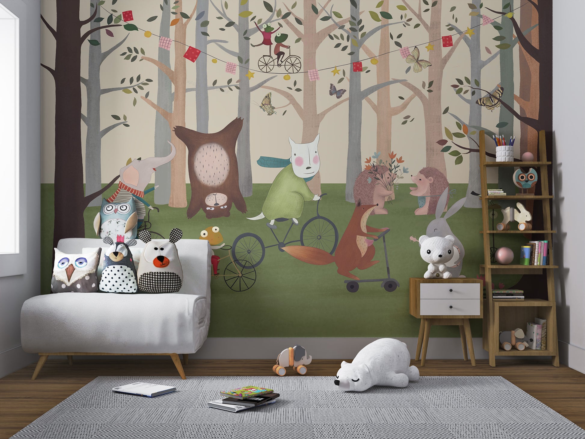 Kids room wall mural with fun forest animals art