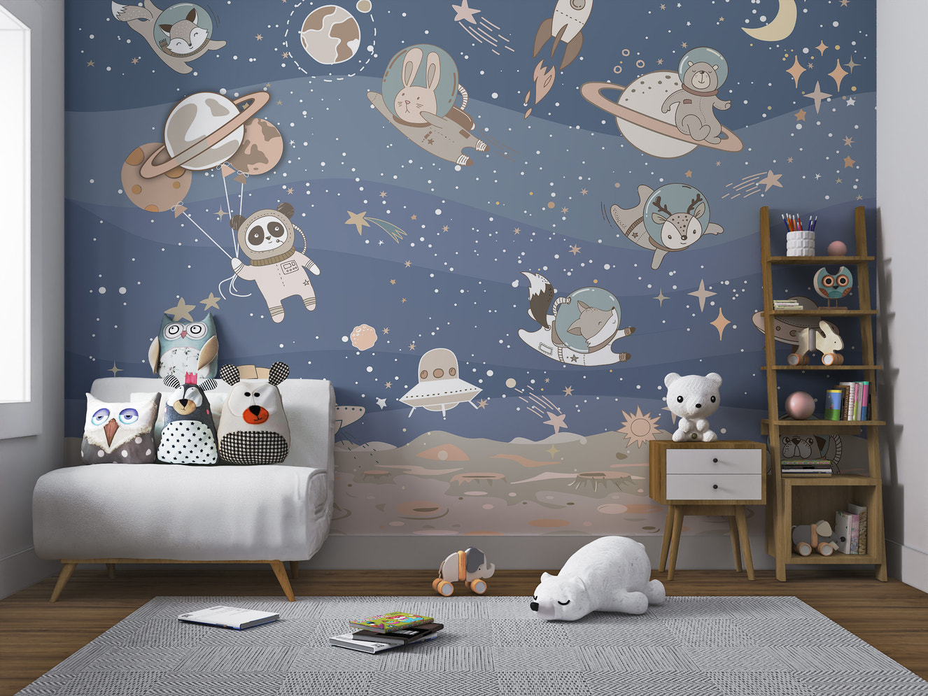 Blue wall mural with animal astronauts in space