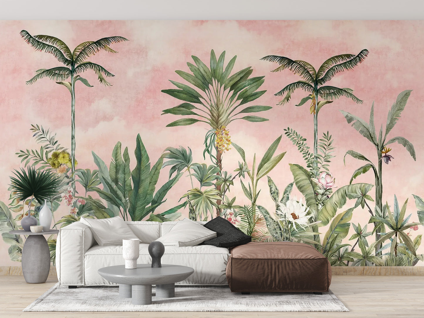 Scenic pink tropical mural for a vibrant room vibe



