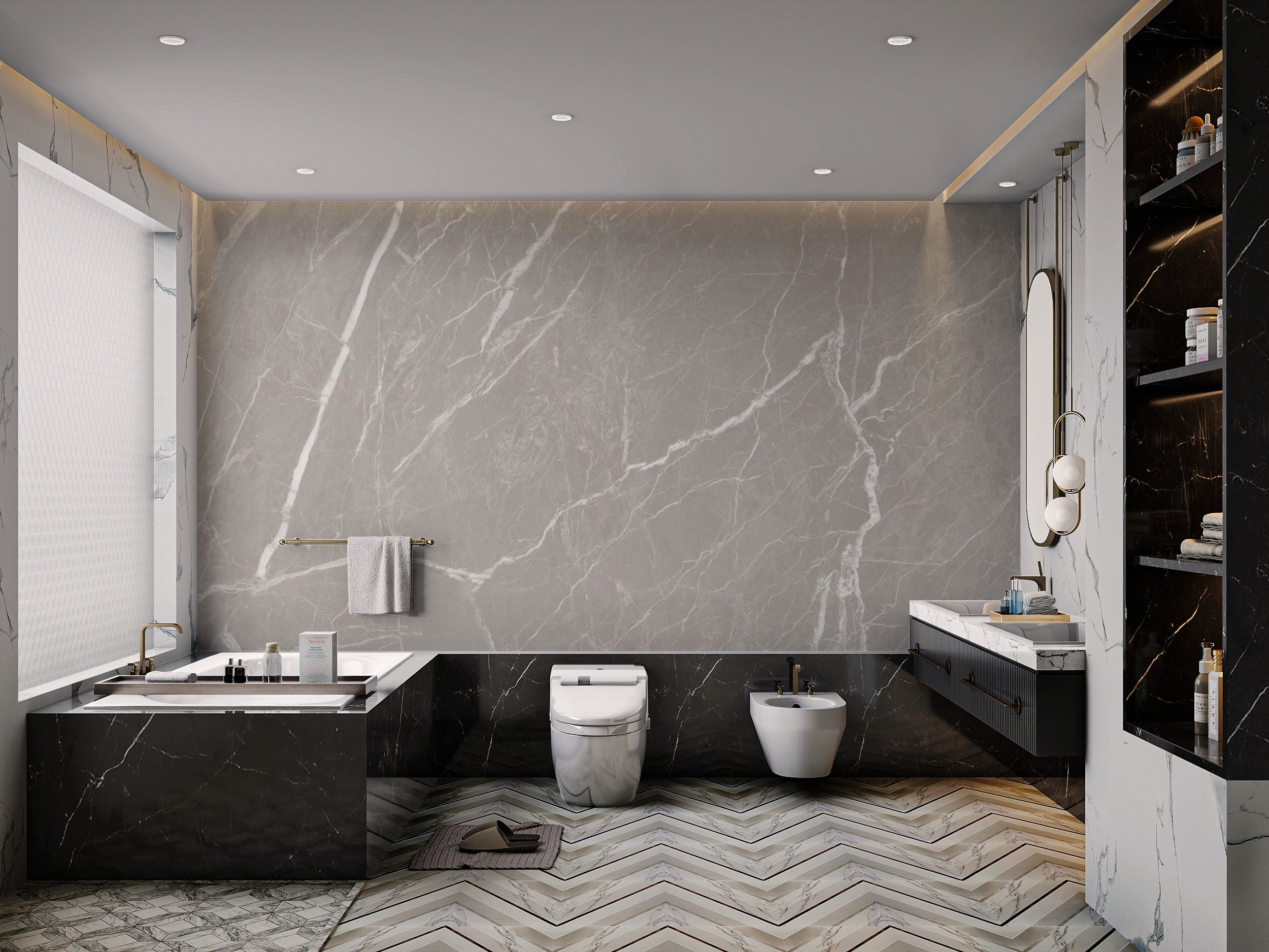 Sleek gray cement texture wallpaper with marble details