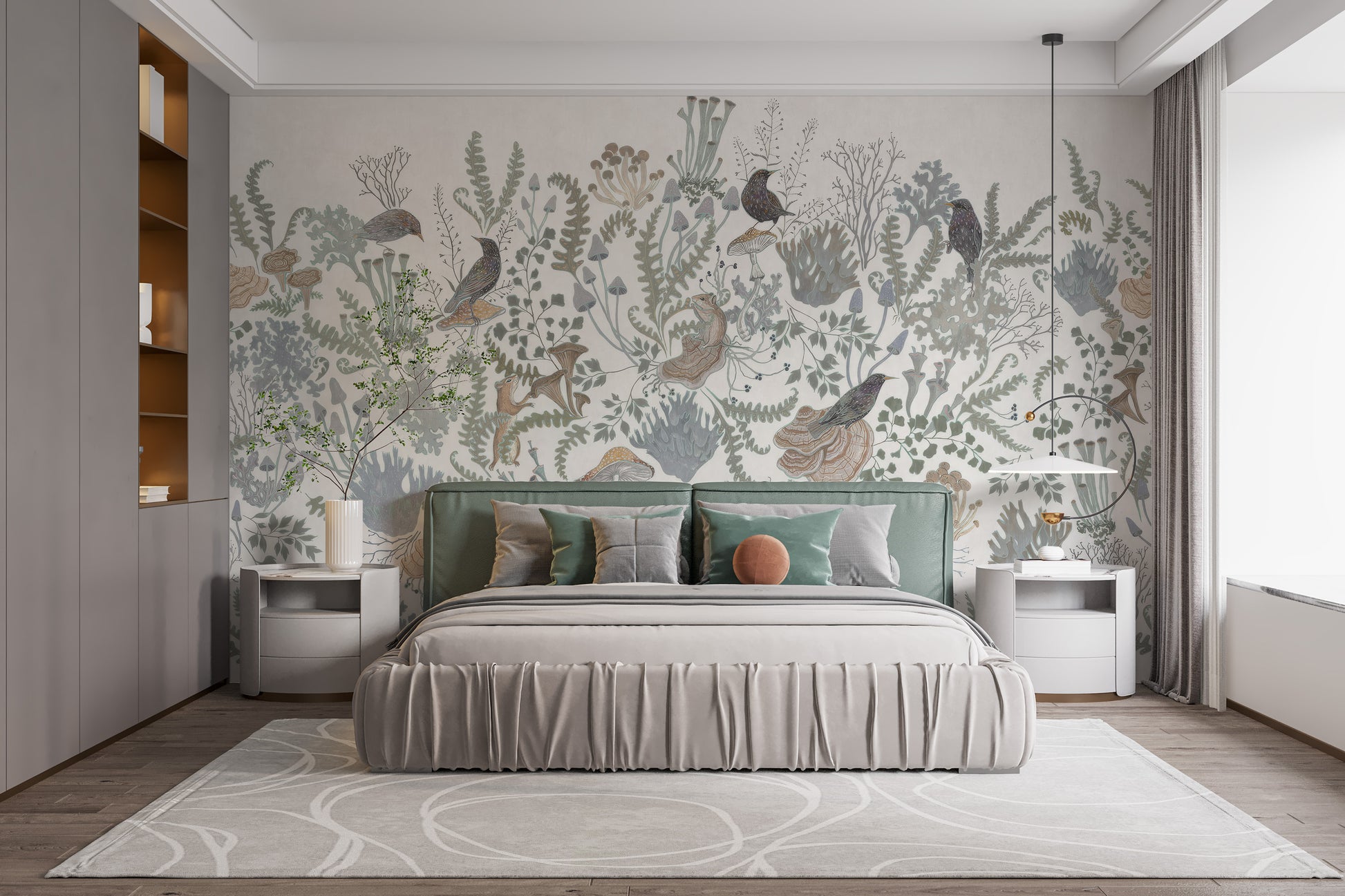 Room wallpaper featuring birds and leafy patterns