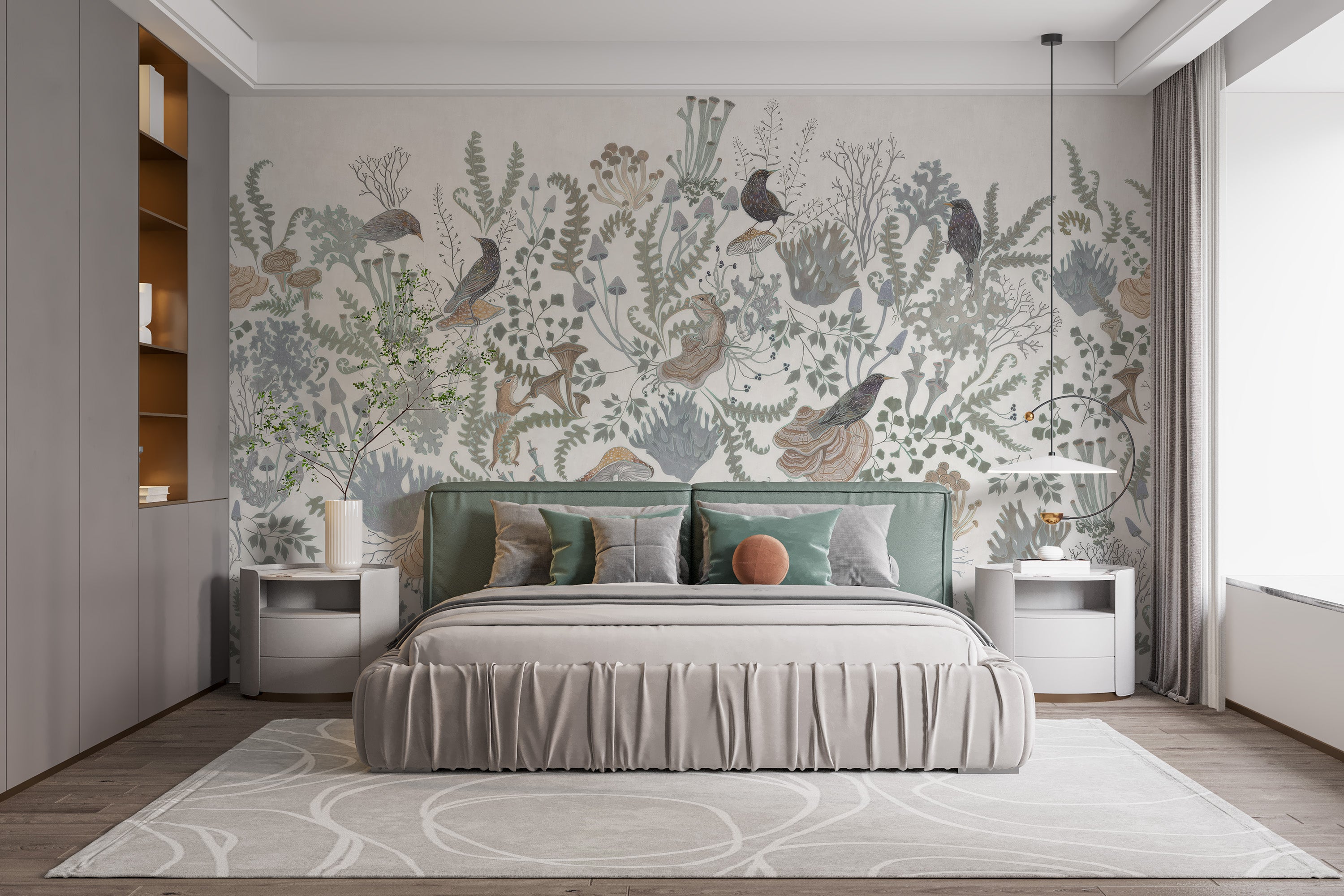 Room wallpaper featuring birds and leafy patterns