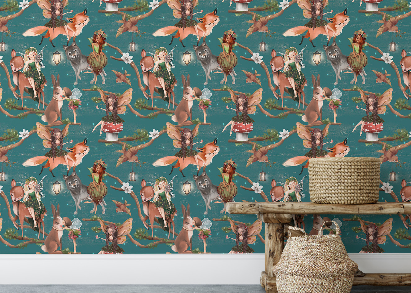 Whimsical wallpaper with hand-drawn fairies and animals