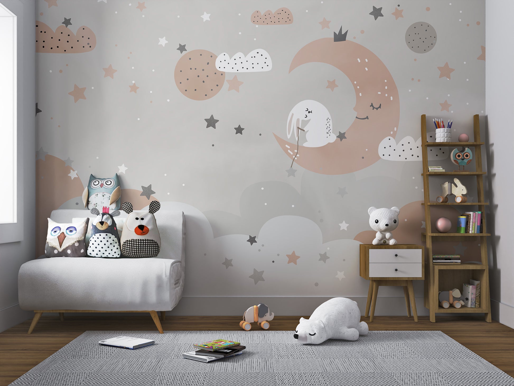 Adorable sleeping bunny on fluffy cloud mural