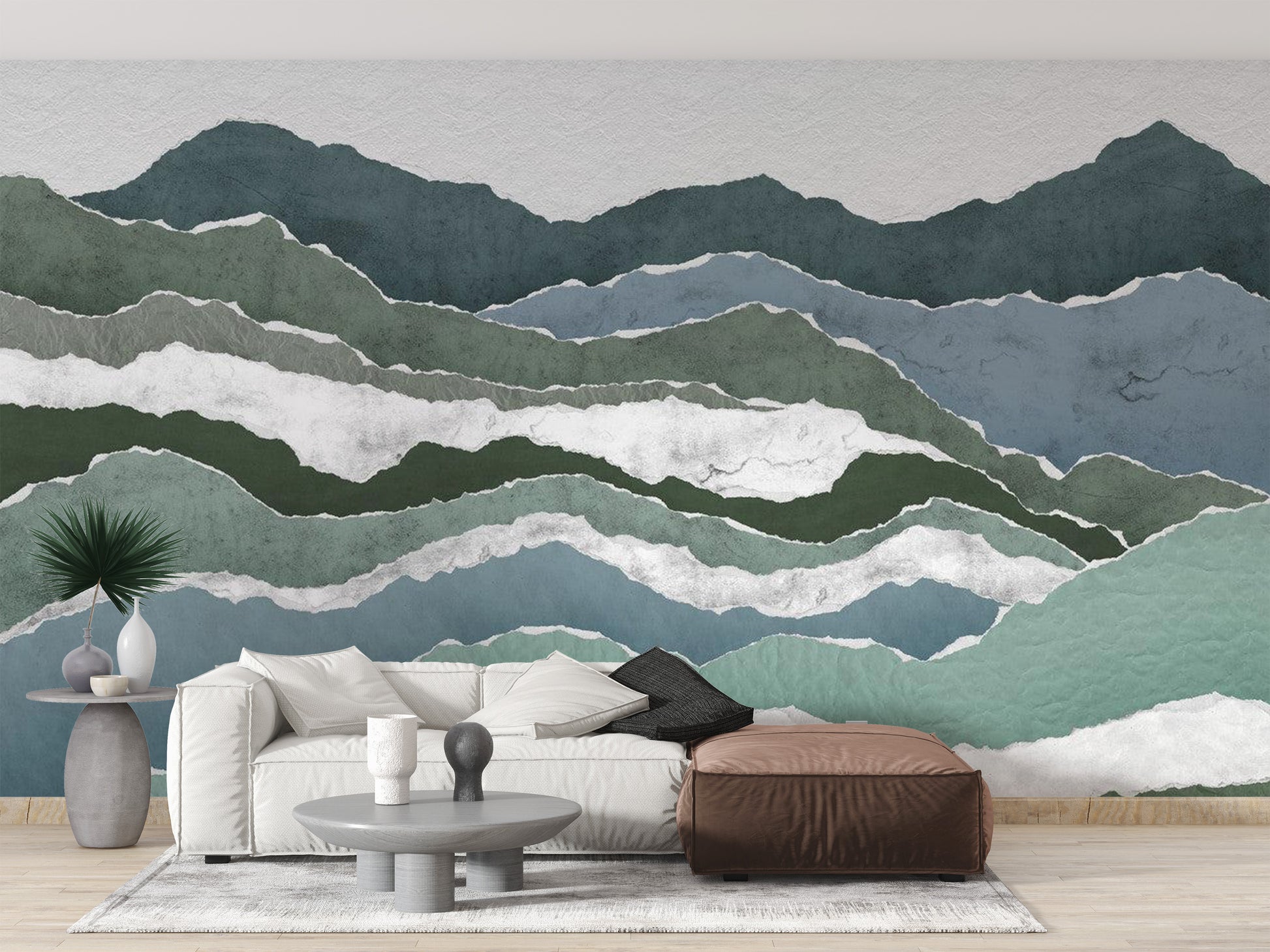 Dreamy royal peaks mural in soft watercolor tones
