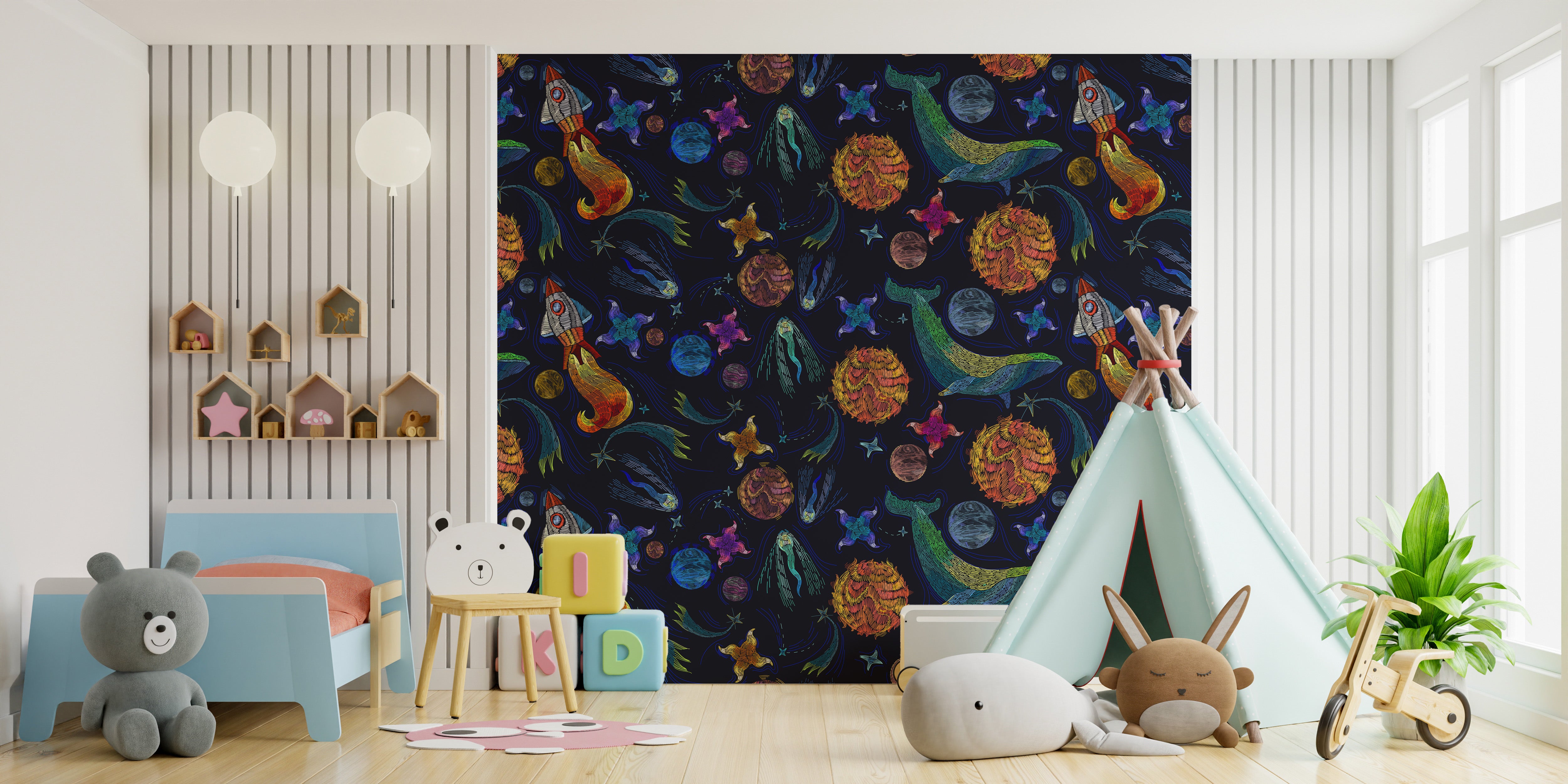 Cosmic embroidery-inspired mural wallpaper design



