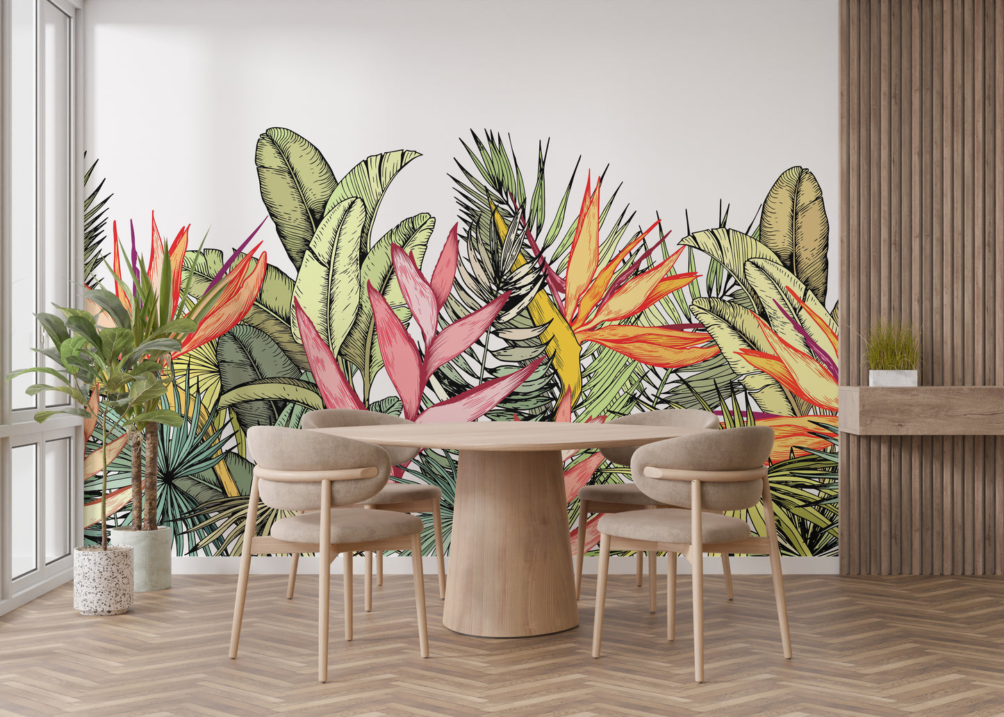 Exotic flowers wallpaper mural with leaves
