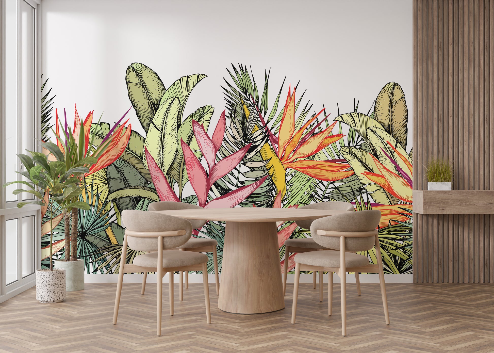 Exotic flowers wallpaper mural with leaves
