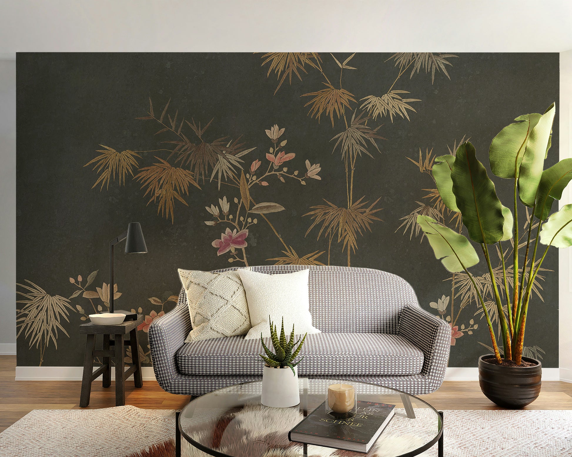 Decorative bamboo garden mural in classic chinoiserie style