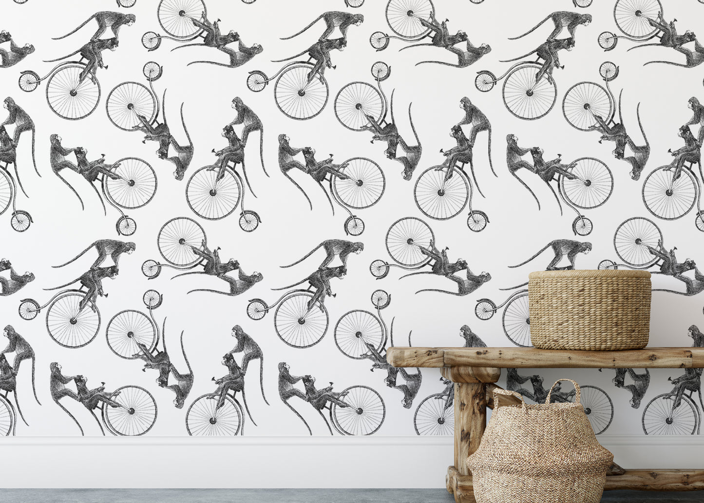 Fun wallpaper with hand-drawn monkeys on bikes