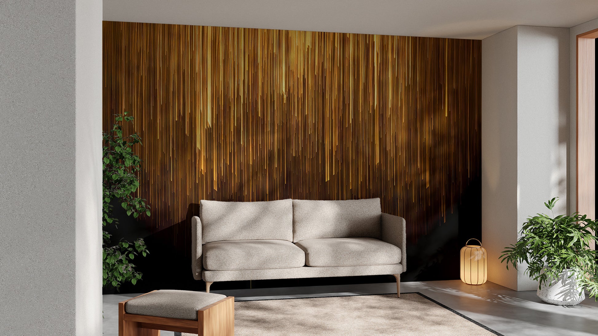 Artistic mural featuring bold gold geometric line patterns
