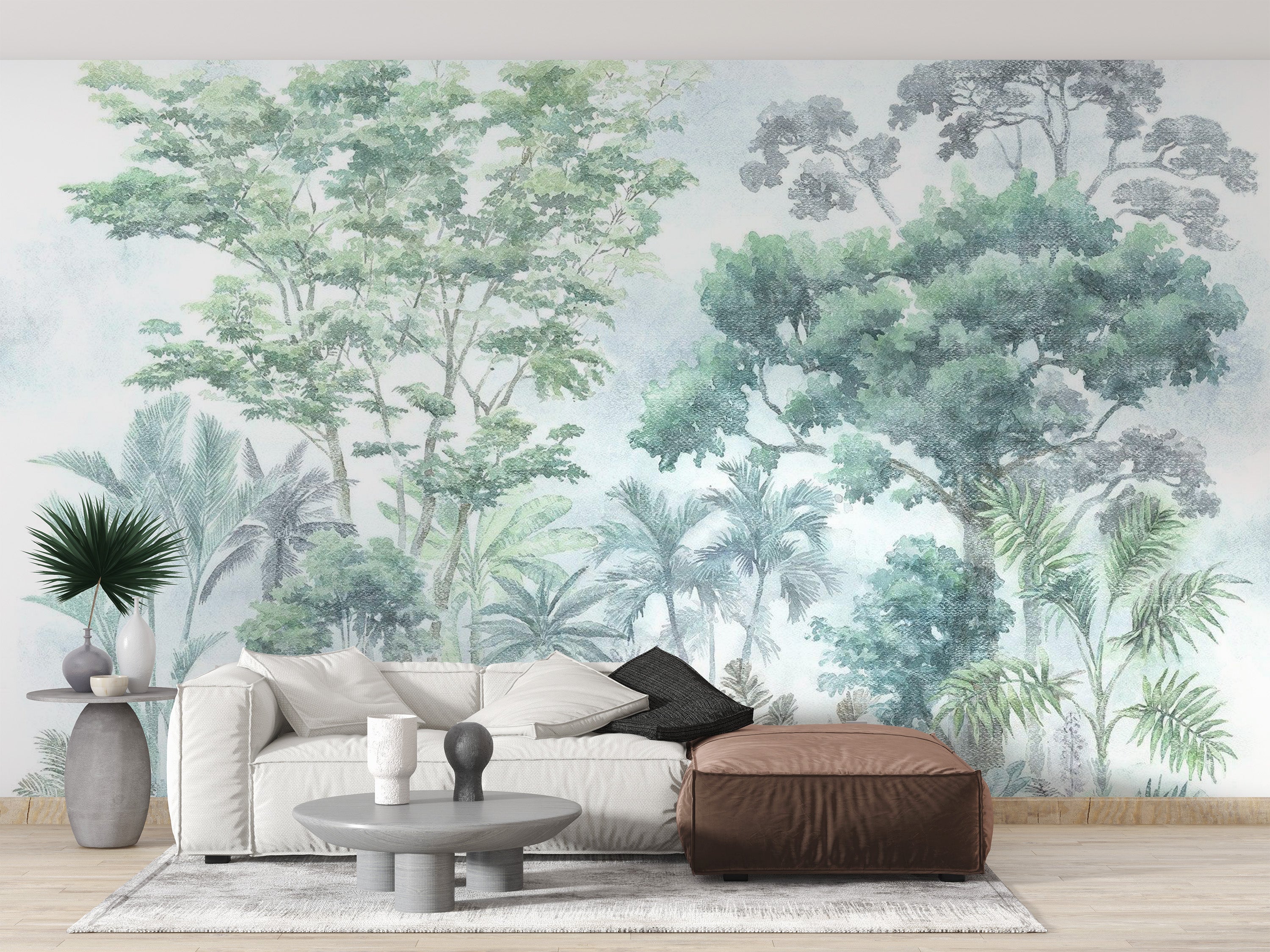 Elegant tropical jungle wallpaper in green tones
