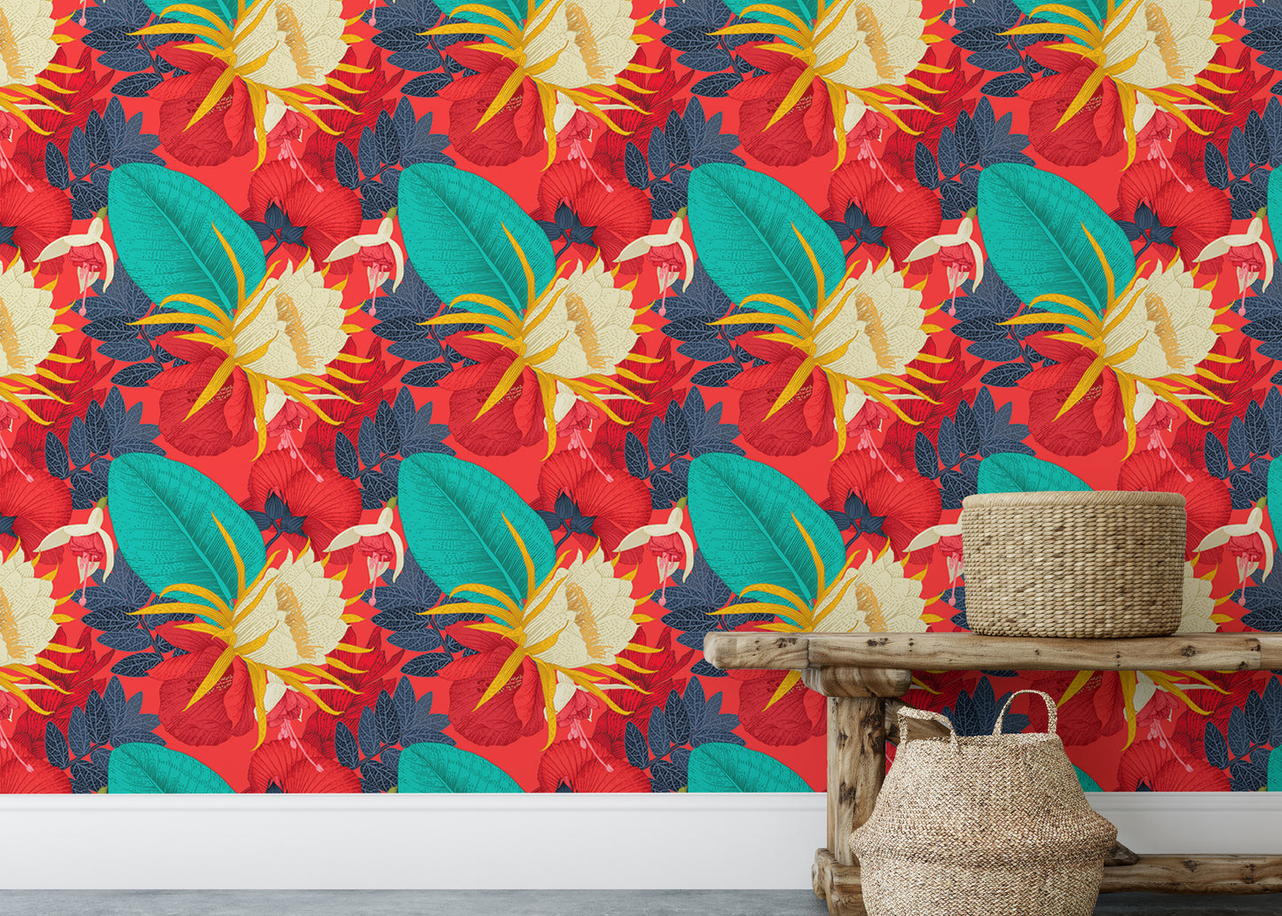 Seamless Pattern Tropical Floral Red Background Wallpaper