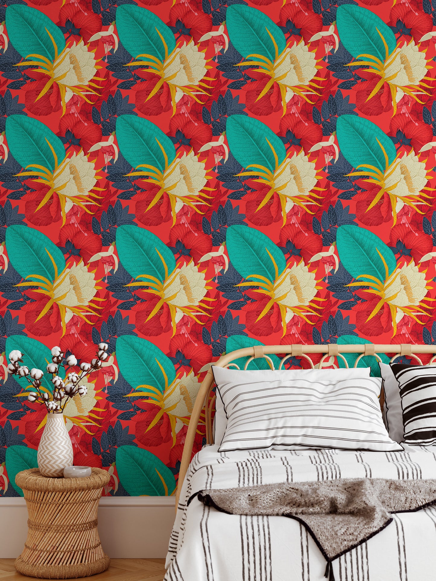 Seamless Pattern Tropical Floral Red Background Wallpaper