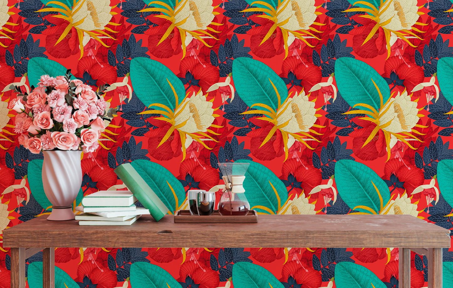 Seamless Pattern Tropical Floral Red Background Wallpaper