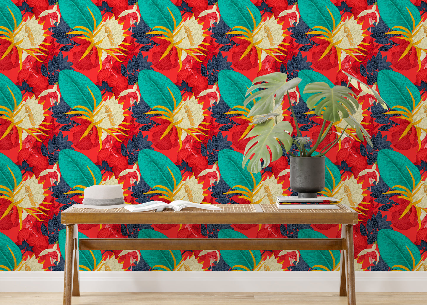 Seamless Pattern Tropical Floral Red Background Wallpaper