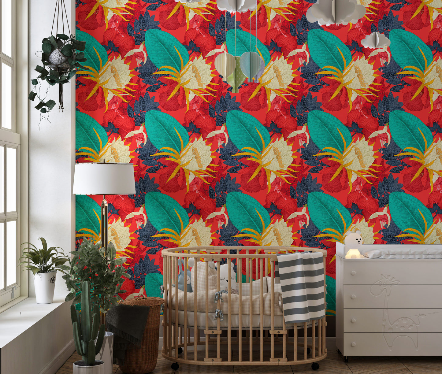 Seamless Pattern Tropical Floral Red Background Wallpaper