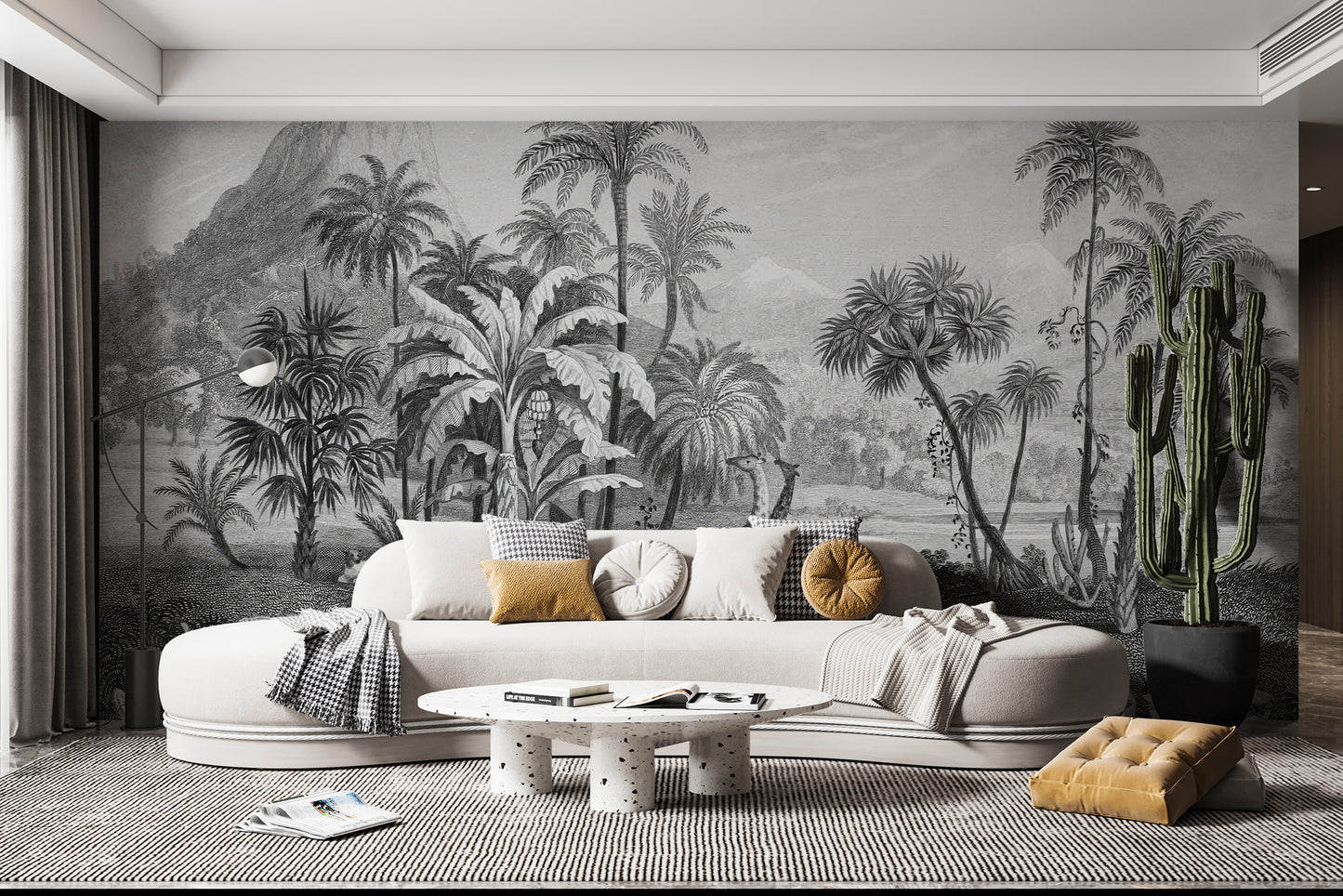 Modern wallpaper with black and white tropical jungle designs
