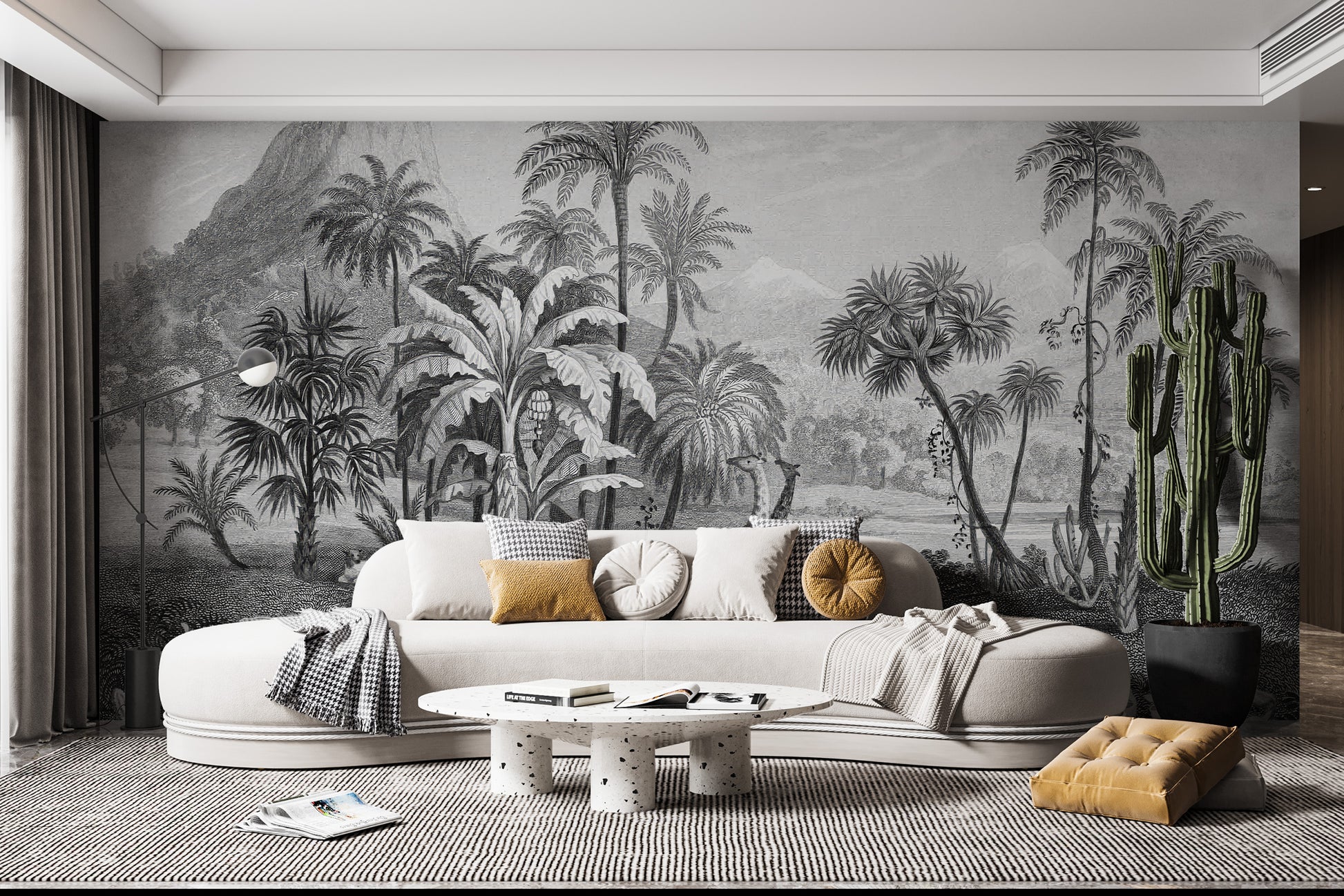 Modern wallpaper with black and white tropical jungle designs
